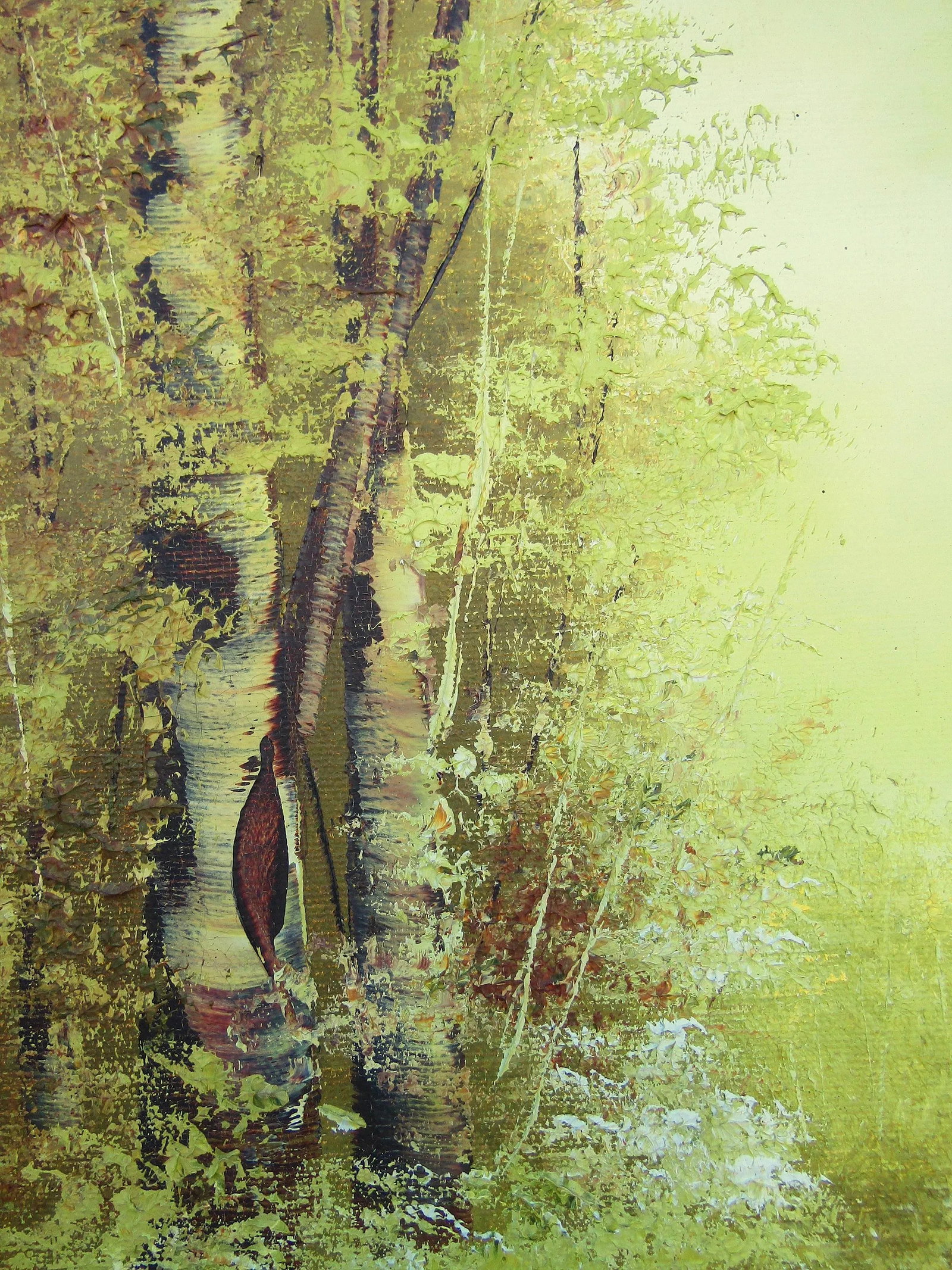 Serene Green - Vintage Oil Painting by Jo Ann Wright, Listed Texas Artist - Forest Trees With Water - 4