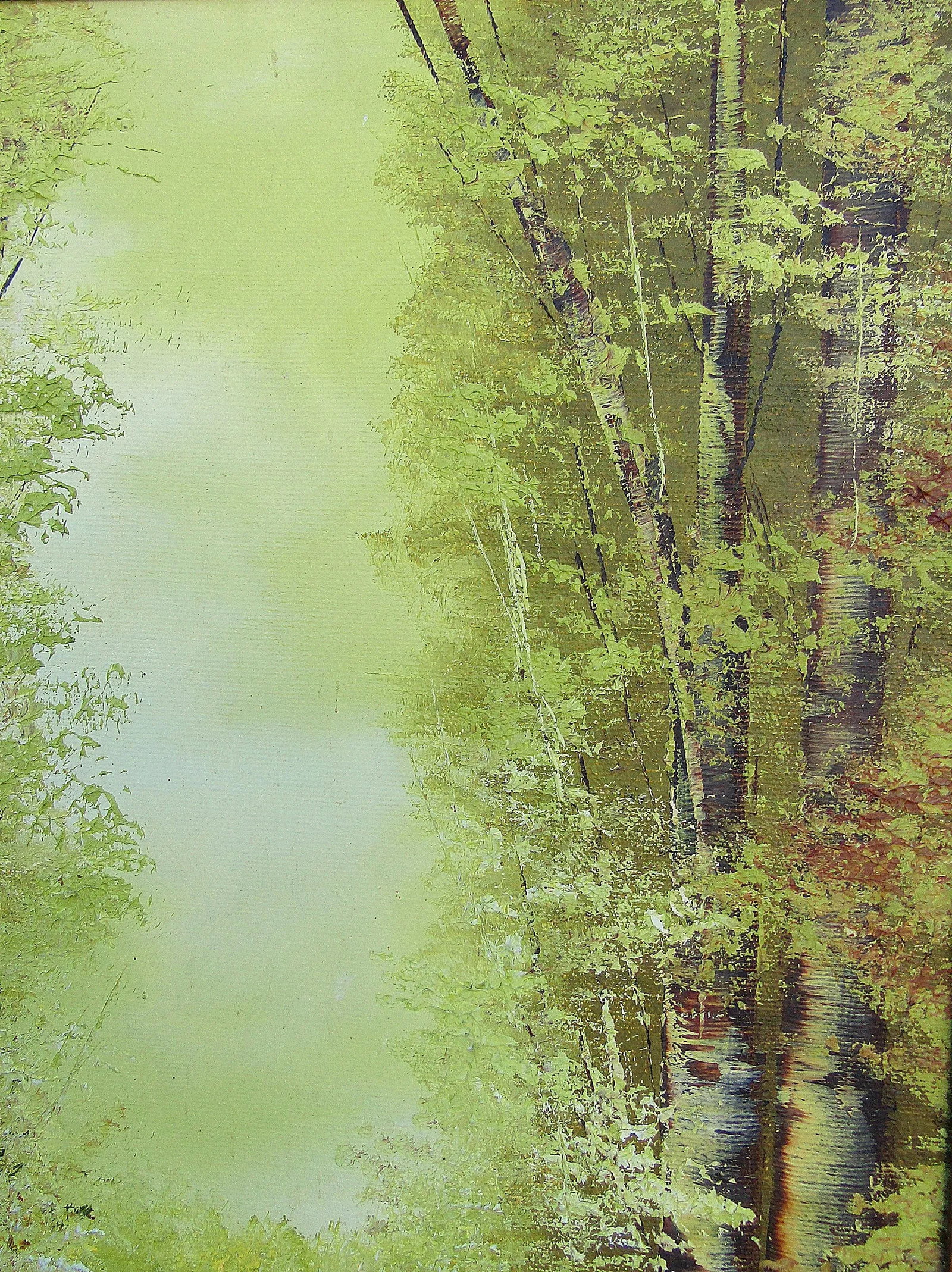 Serene Green - Vintage Oil Painting by Jo Ann Wright, Listed Texas Artist - Forest Trees With Water - 6
