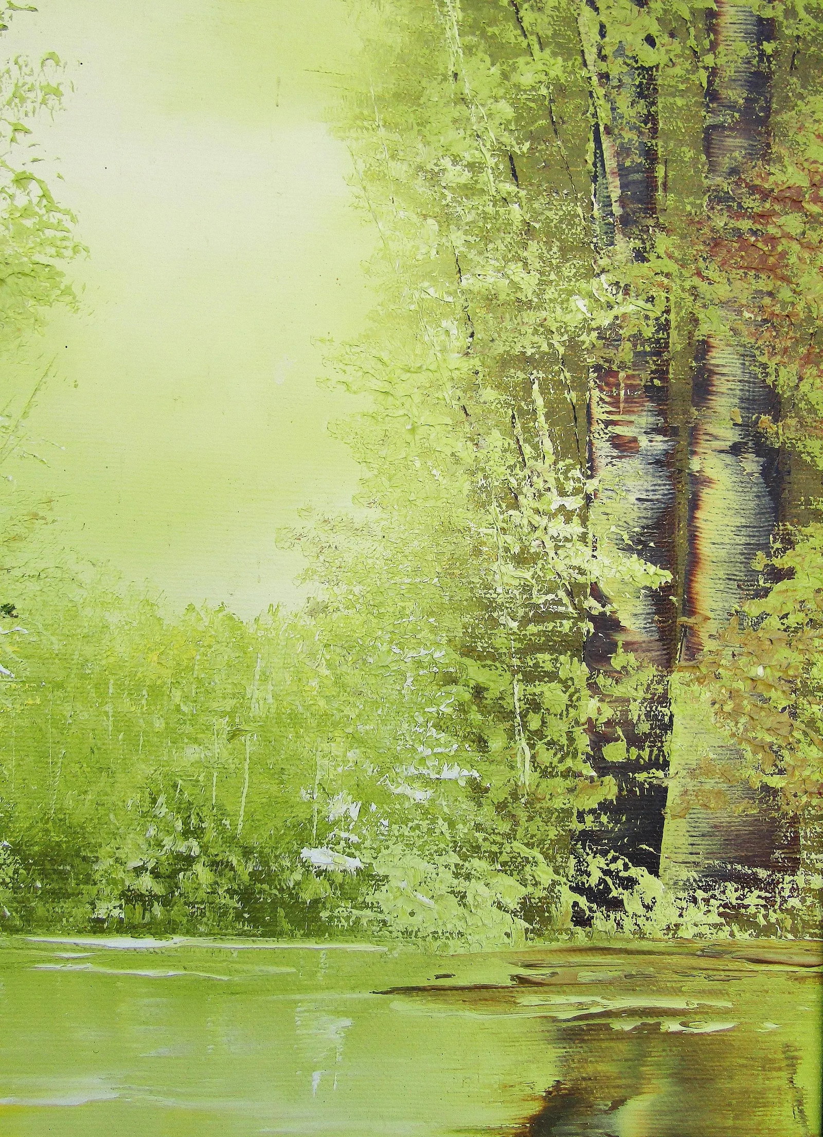 Serene Green - Vintage Oil Painting by Jo Ann Wright, Listed Texas Artist - Forest Trees With Water - 7