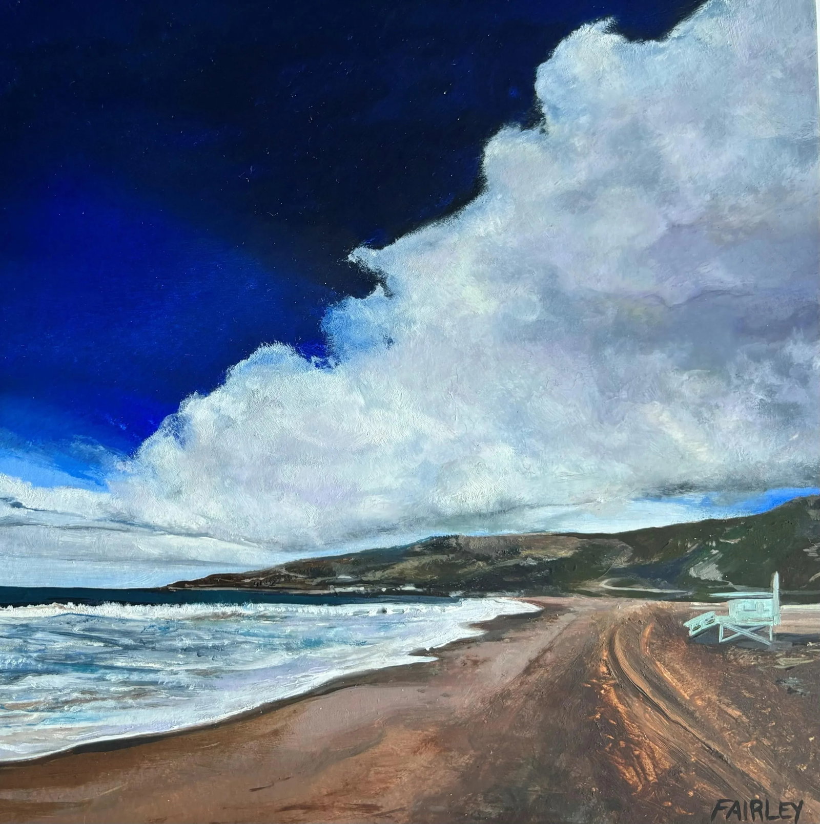 Zuma Beach After the Rain, Original Oil Painting by Jessica Fairley: This is an original oil painting by Los Angeles based artist, Jessica Fairley. In this painting, Fairley captures the famous Zuma Beach in Malibu after the rain. This is winter in beautiful Malibu,