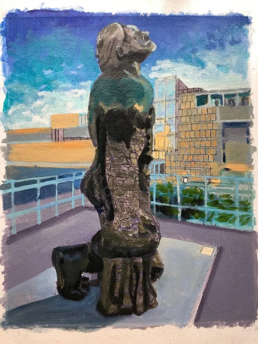 Public Sculpture Contemporary Painting: A painting that looks whose subject is a monumental public sculpture. The piece is by artist Huma Babha. Condition: Imperfections: No Imperfections Condition Notes: Excellent Origin: United States