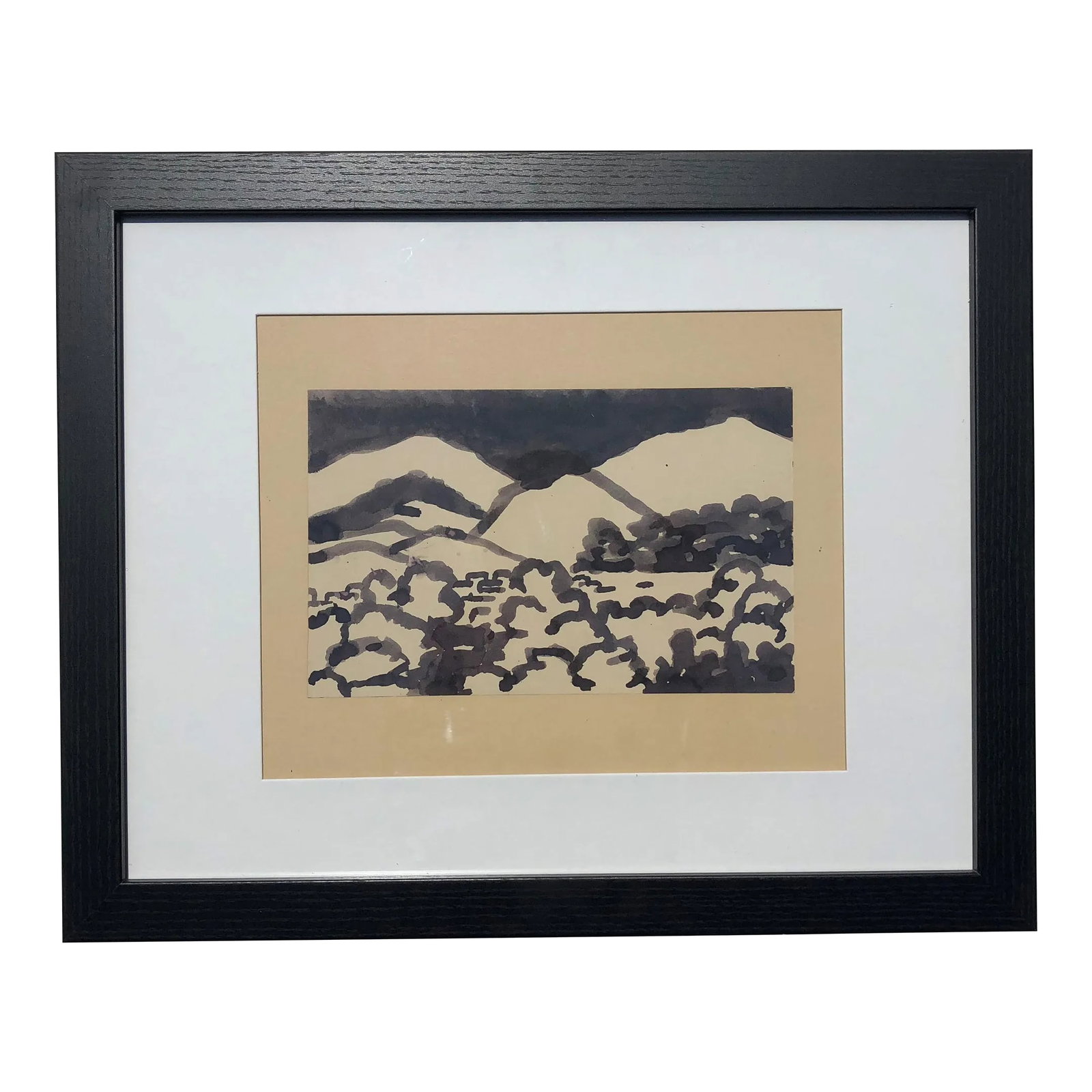 Watercolor Landscape With Black Sky: A charming landscape of hills. One can imagine it being painted on a moonlit night, with the dark sky and higlighted hills. Condition: Alterations: Original Condition Unaltered Imperfections: Some
