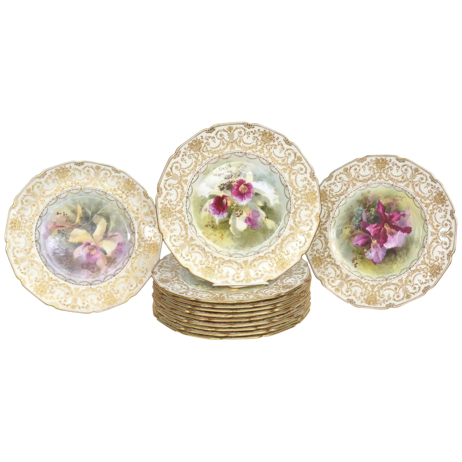 Set of 12 Orchid Presentation Plates, Ornate and Gilded: One of the prettiest sets of Antique English plates custom, from Royal Doulton. These feature their Classic shaped edge, raised gilding on the shoulders and exquisitely hand-painted by and ordered