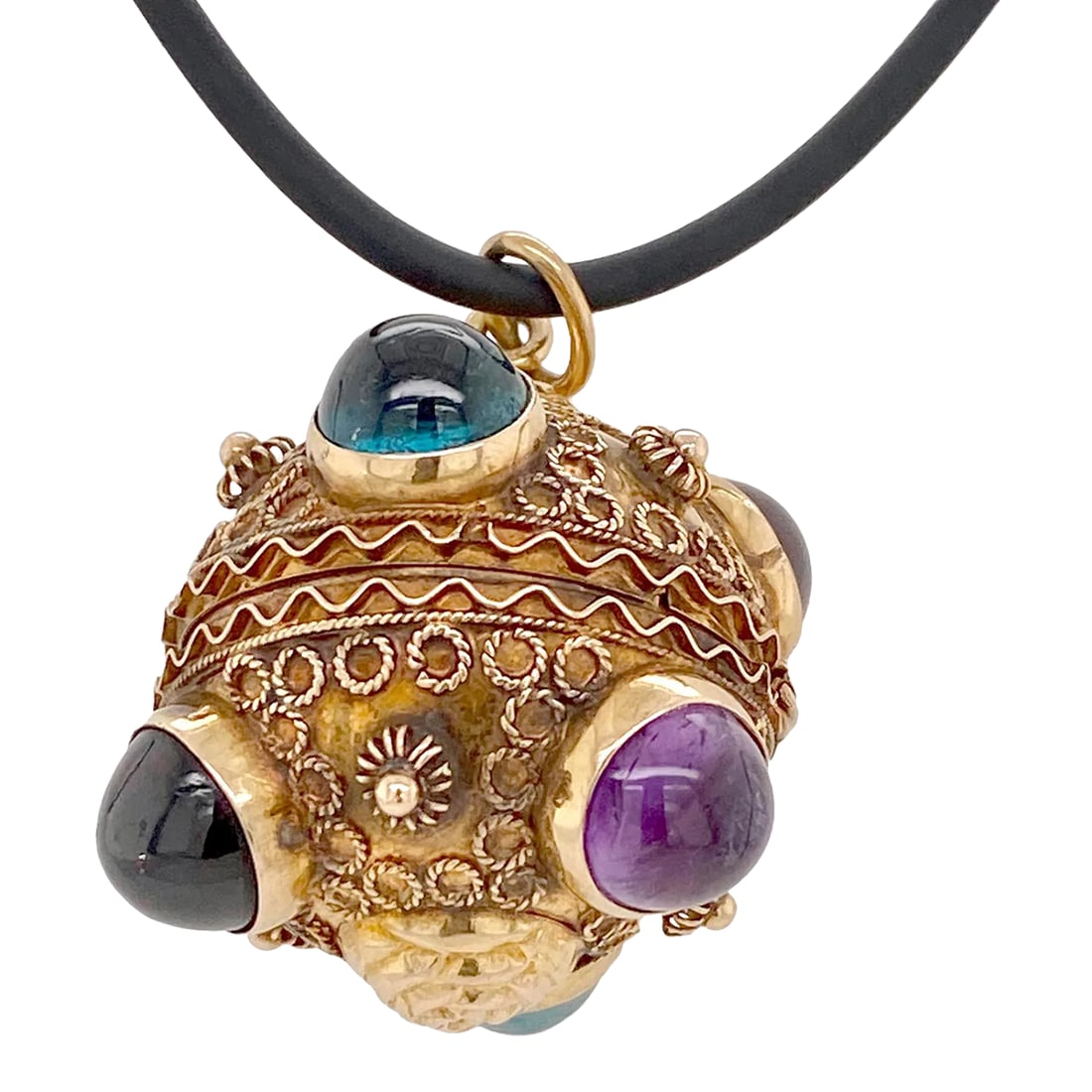 1950s 18k Gold Etruscan Revival Multi Cabochon Gem Pendant / Locket: This is part of Chairish's Fine Jewelry assortment. This is a wonderful 18K gold Victorian Etruscan Revival multi-gem locket/pendant. There are a total of six bezel-set cabochon stones, two