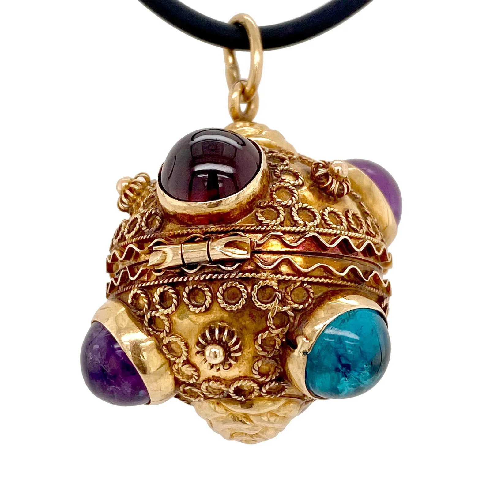 1950s 18k Gold Etruscan Revival Multi Cabochon Gem Pendant / Locket - 6