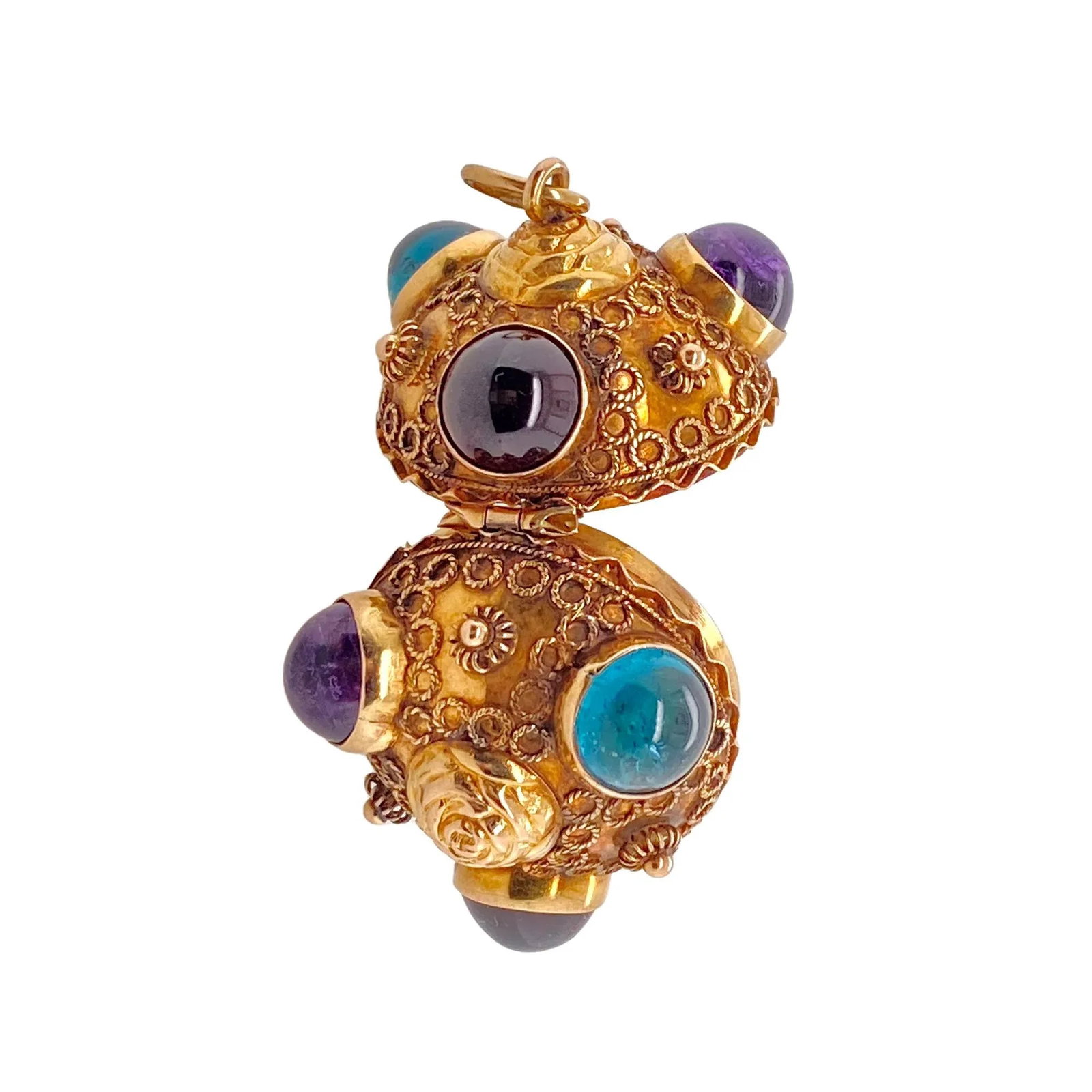 1950s 18k Gold Etruscan Revival Multi Cabochon Gem Pendant / Locket - 8