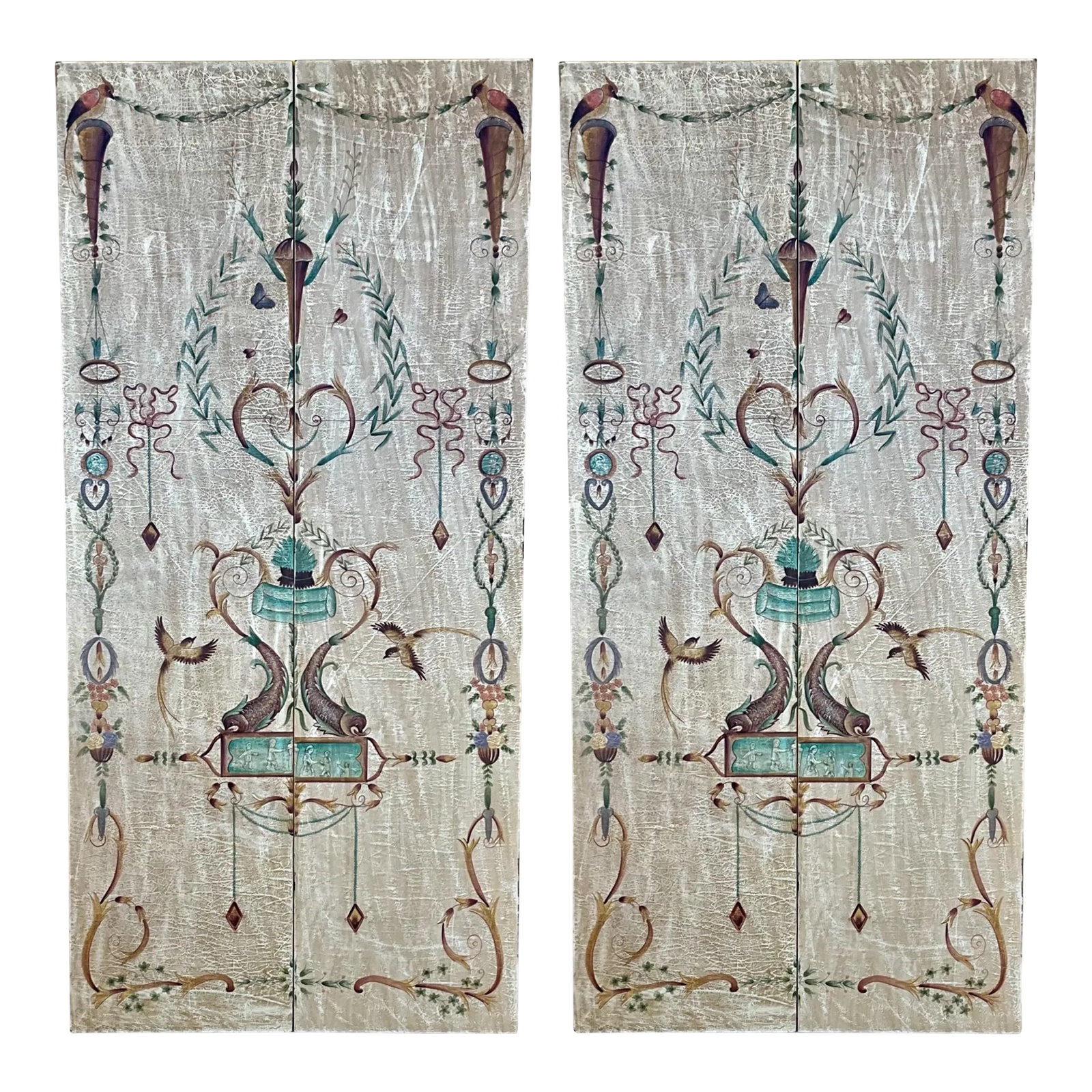 20th-C. Neo-Classical Style Hand Painted Panels / Screen Wall Art Att. Maitland-Smith: This is an offering for two pair of monumental painted panels with French neo-classical styling. There are four individual panels when placed together create two pairs. They were once a folding