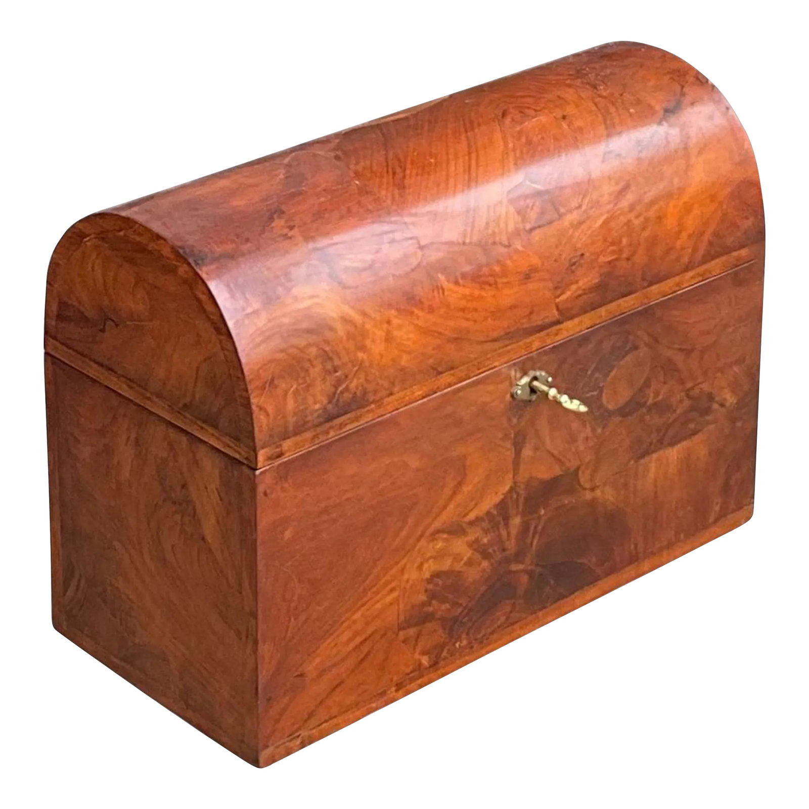 Mid-Century Large Scale Neo-Classical Style Domed Burlwood Italian Box: This is a large scale Italian burlwood box with neo-classical styling. It is marked on the bottom and includes the key. The interior is paper lined. The box dates to the 1960s. Condition: