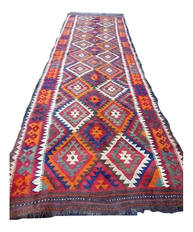 Vintage Handwoven Caucasian Kilim Rug - 5' * 16'': This is a vintage caucasian Kilim rug that was handwoven from wool. The flatweave design features geometric medallions. This beautiful traditional Kilim rug is handmade . It is a vintage rug made of f