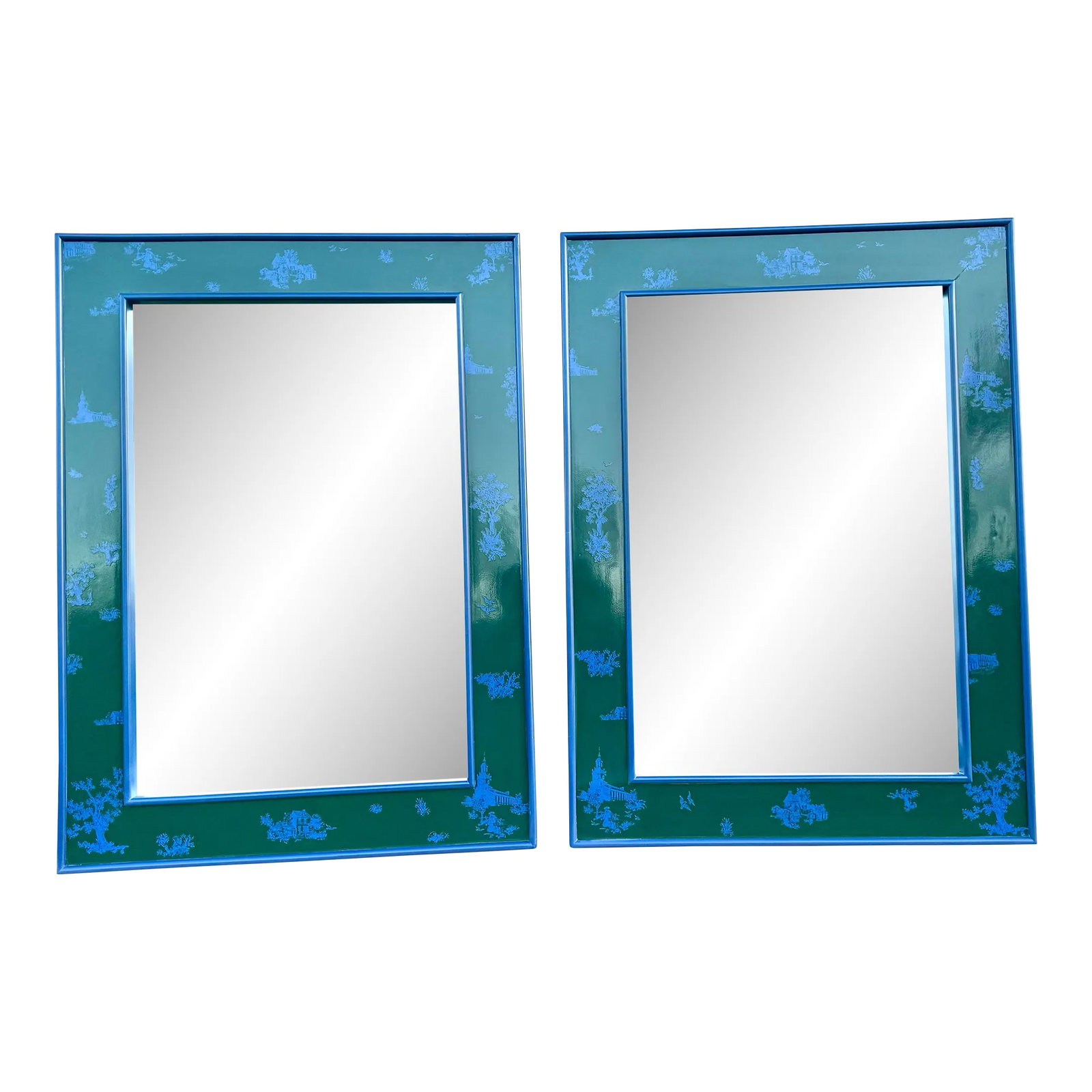 Pair of Newly Painted French Toile Design Mirrors: These are heavy wood framed mirrors from Uttermost that have been re-designed with French Toile applique and lacquer finish in bright colors of blue and green. Ready to hang. Condition: Alterations: O