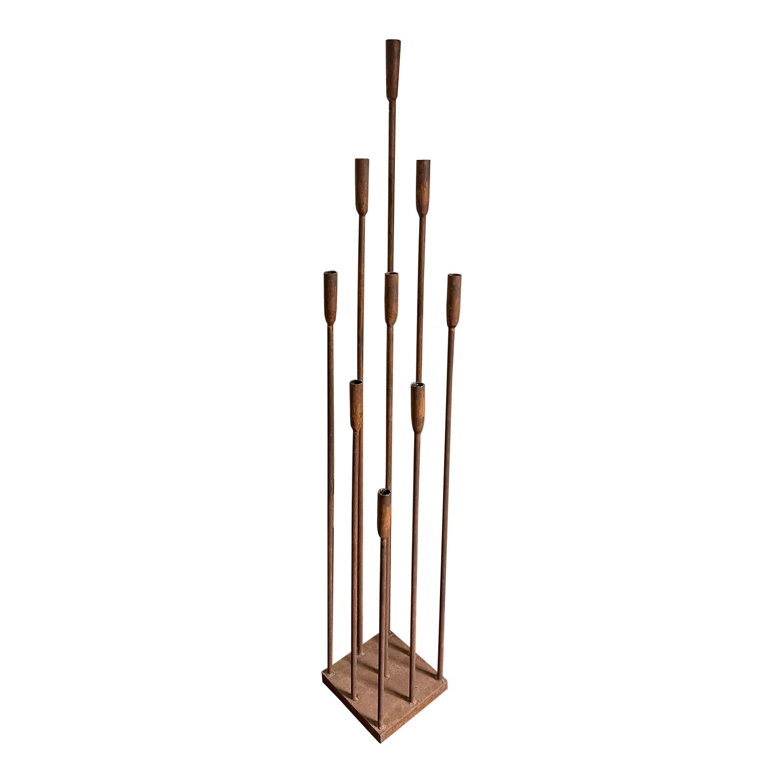 Vintage Brutalist Iron Floor Candelabra in the Style of Harry Bertoia: Beautiful, hard-to-find brutalist floor candelabra after Harry Bertoia. Features 9 cascading candle holders at varying heights. Would make an excellent statement piece or subtle corner piece to