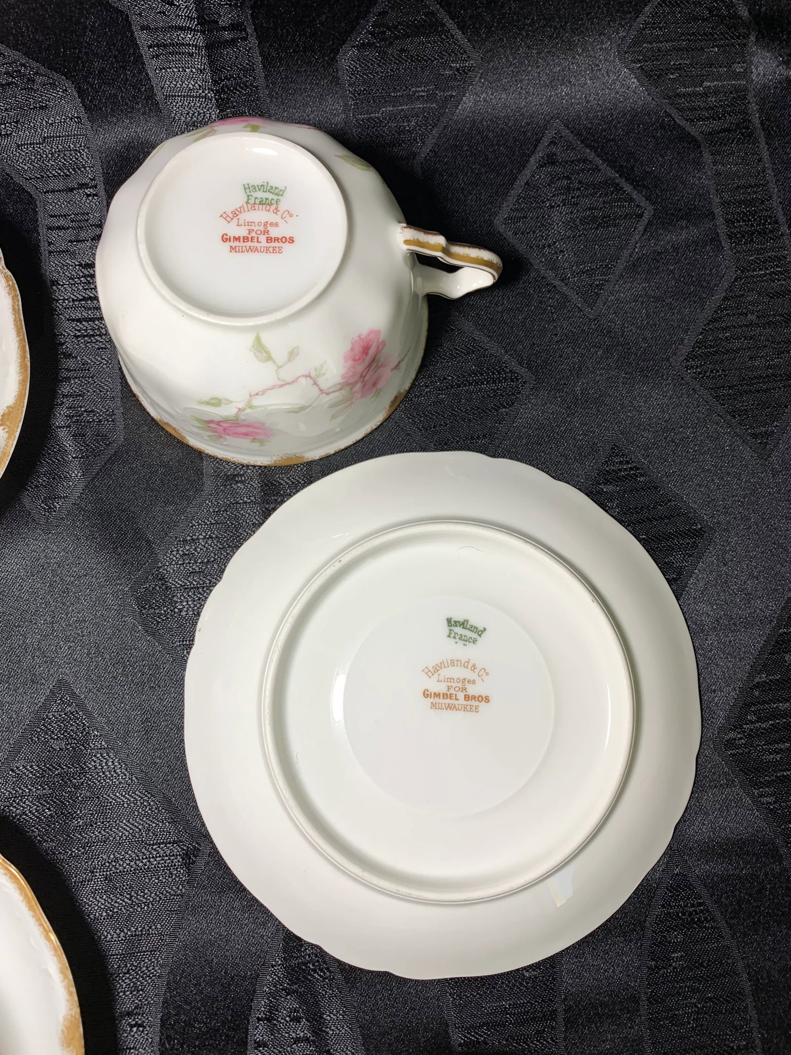 French Limoges Porcelain Baltimore Rose With 24k Gold Trim Tea Cups and Saucers - Service for 7 - 10