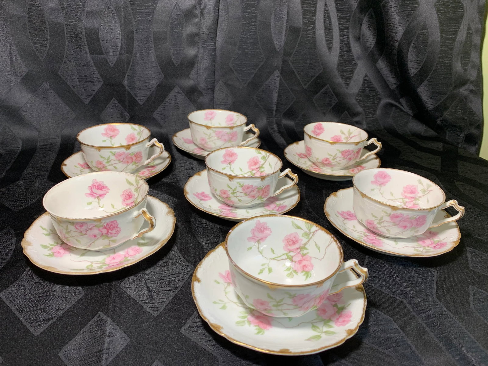 French Limoges Porcelain Baltimore Rose With 24k Gold Trim Tea Cups and Saucers - Service for 7 - 13