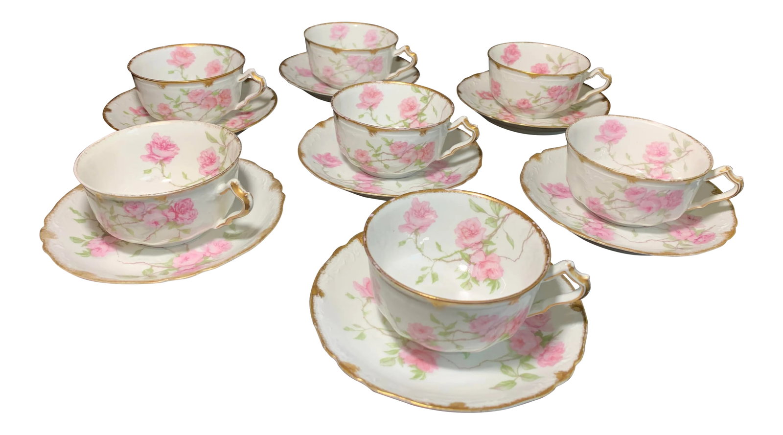French Limoges Porcelain Baltimore Rose With 24k Gold Trim Tea Cups and Saucers - Service for 7: Offered is an antique set of rare French Limoges white porcelain tea cups and saucers featuring large pink roses in shades of pink with 24k gold trim. The name of this pattern is called Baltimore