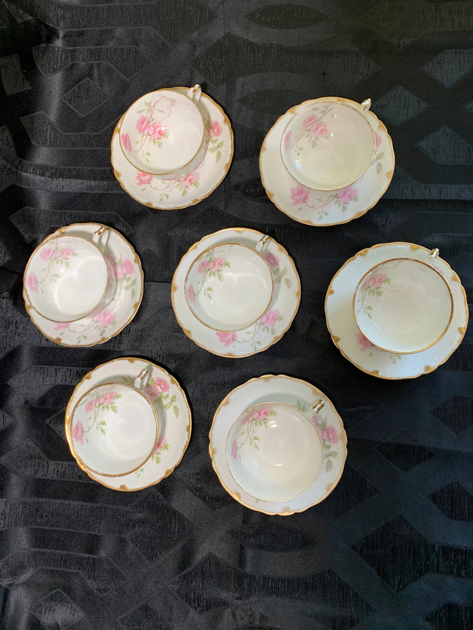 French Limoges Porcelain Baltimore Rose With 24k Gold Trim Tea Cups and Saucers - Service for 7 - 8