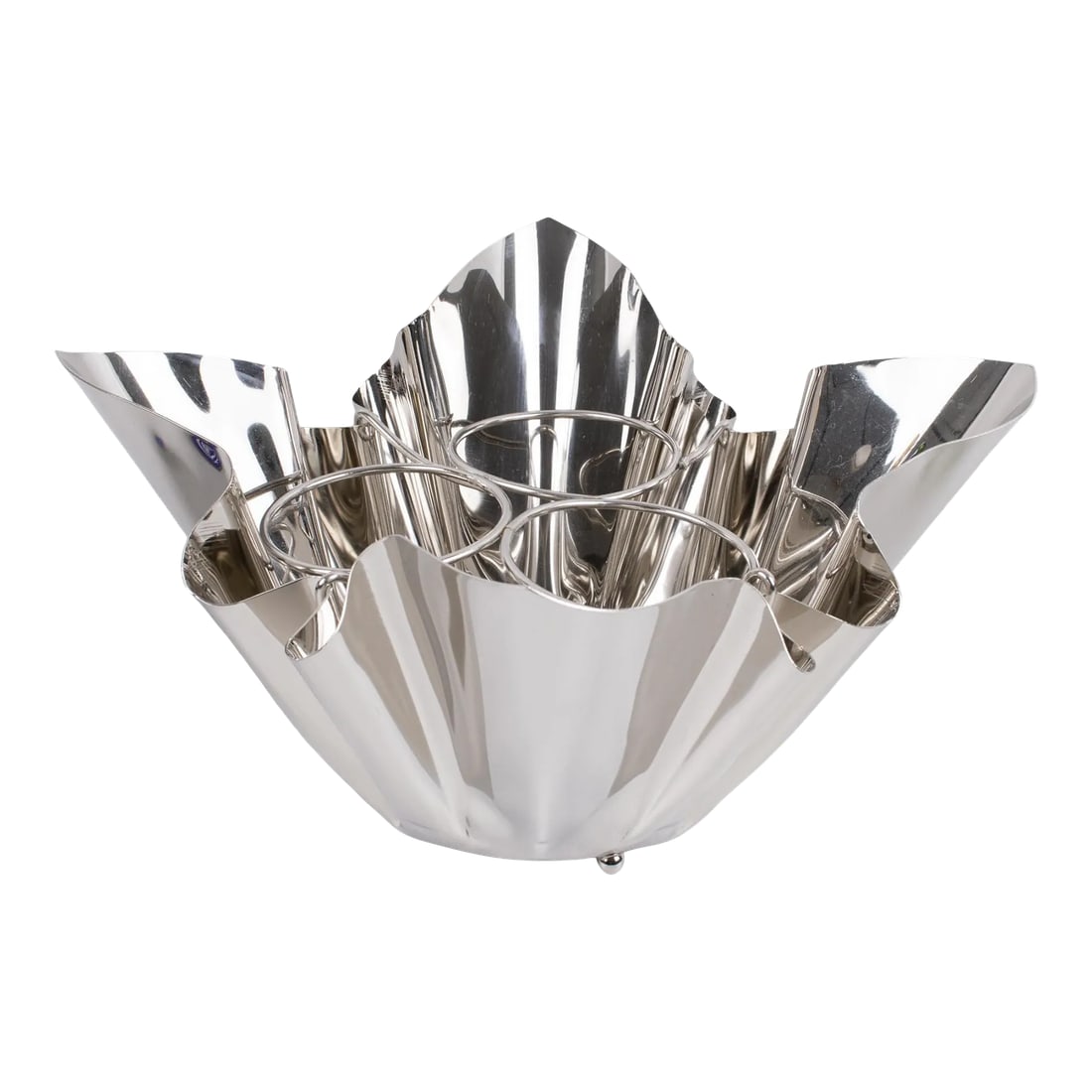 Mid-Century Silver Plate Handkerchief Wine Cooler Champagne Bottle Ice Bucket: This stylish mid-century-modernist silver plate wine cooler or champagne ice bucket was crafted in France in the 1960s. This ultra-chic bottle holder features a whimsical handkerchief shape. It has a 