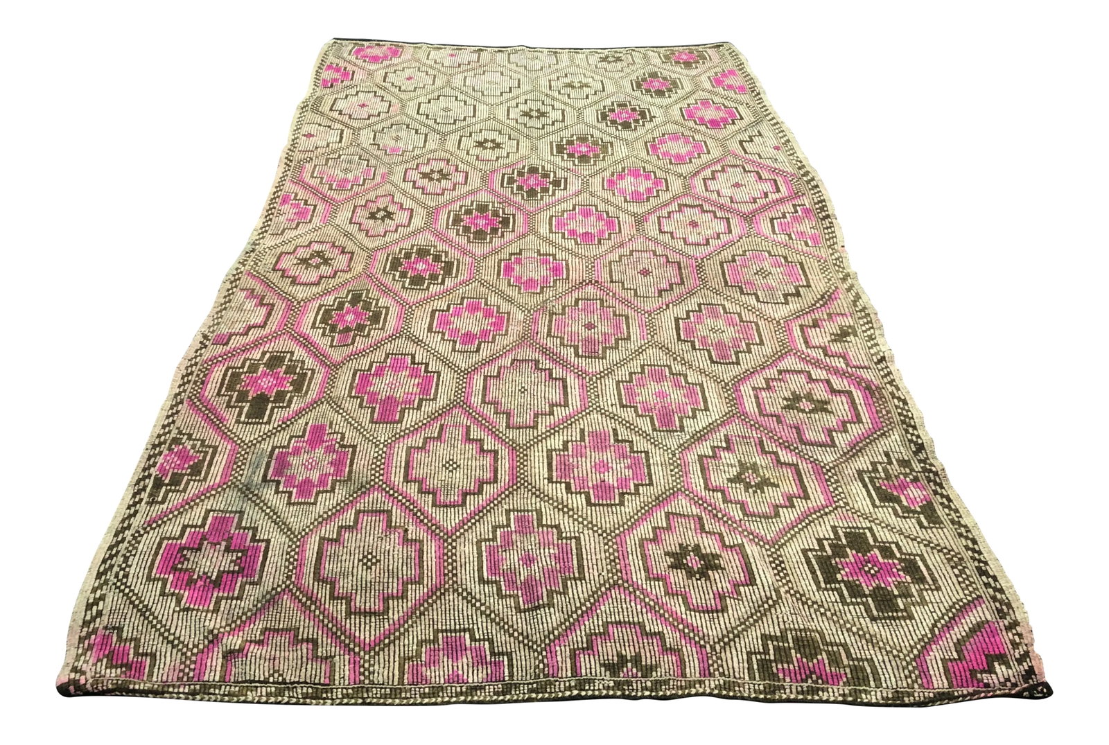 1960s Vintage Turkish Anatolian Geometric Design Handmade Wool Kilim Rug - 6'6'' * 11'1'': This is a vintage Turkish wool kilim rug. The piece was handmade in the 1960s. Condition: Alterations: Original Condition Unaltered Imperfections: Some Imperfections Condition Notes: Excellent