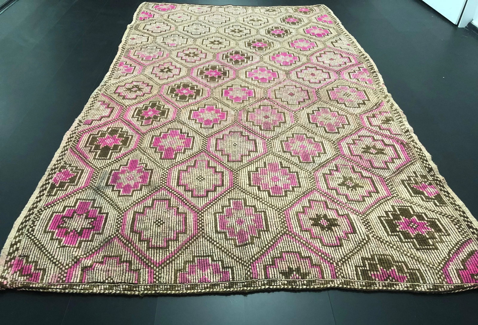 1960s Vintage Turkish Anatolian Geometric Design Handmade Wool Kilim Rug - 6'6'' * 11'1'' - 3