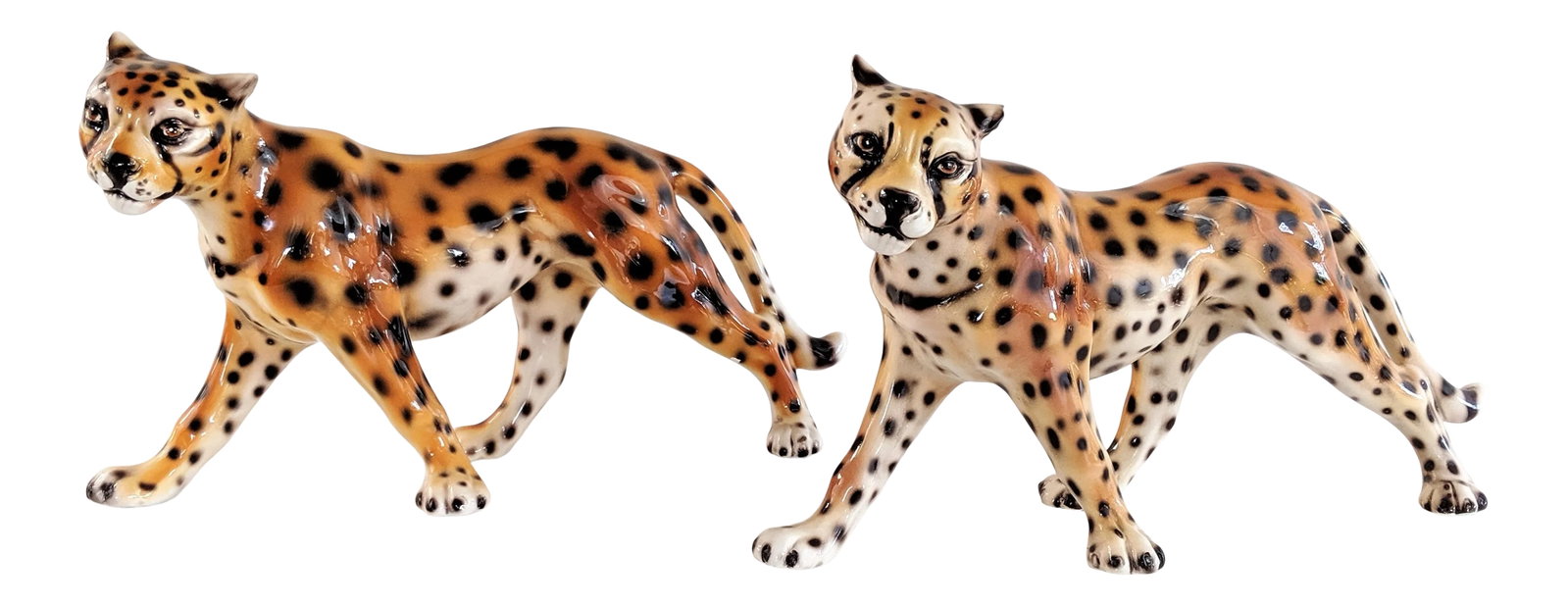 1970s Vintage Ceramic Cheetah Leopard Figurines - a Pair: Ceramic Cheetah Leopard Sculptures - a Pair. Beautifully made with nice detail. Sold as a pair. No maker's mark. Measure 20" long each. Condition: Alterations: Original Condition Unaltered
