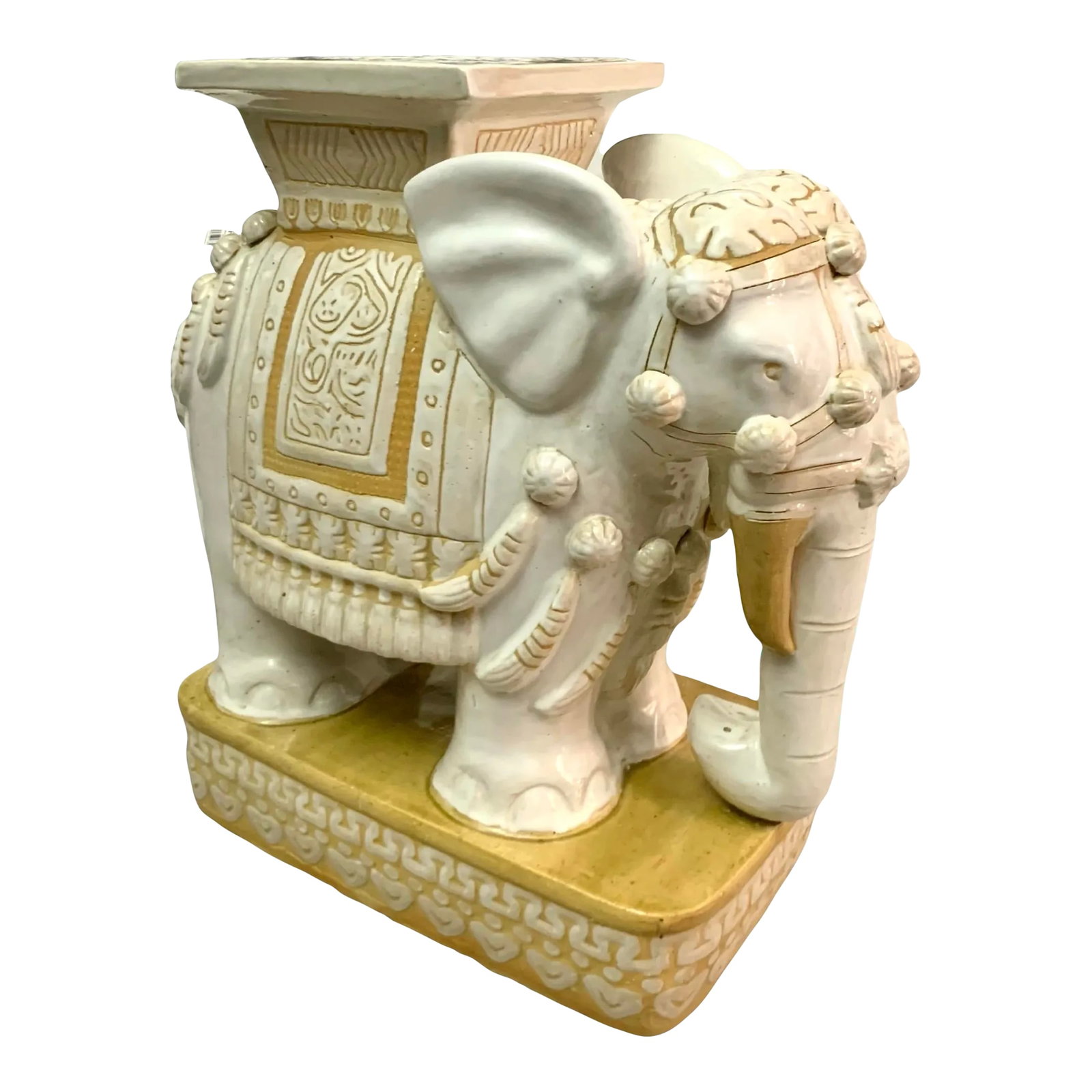 Mid 20th Century Vintage Large Oriental Elephant Heavy Ceramic Garden Stand End Table: This vintage ceramic elephant garden stand is a beautiful addition to any outdoor indoor setting. It features intricate details and a heavy, sturdy design that can also serve as a unique end table.