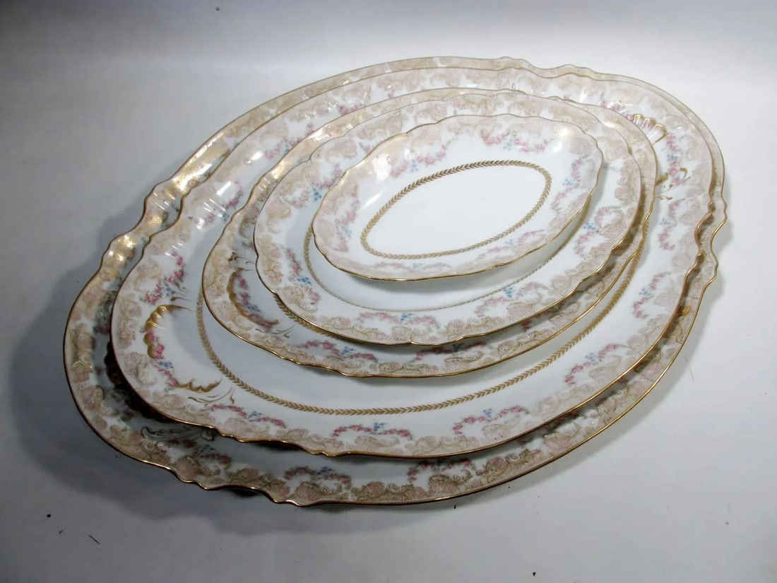 Antique Theodore Haviland Limoges Lafayette Pink Rose Swag Garland Serving Platters - Set of 5 - 12