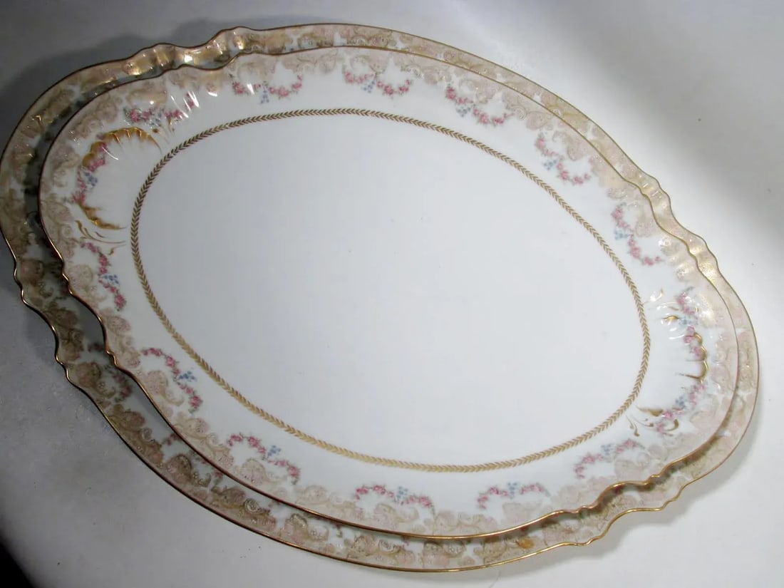 Antique Theodore Haviland Limoges Lafayette Pink Rose Swag Garland Serving Platters - Set of 5 - 7