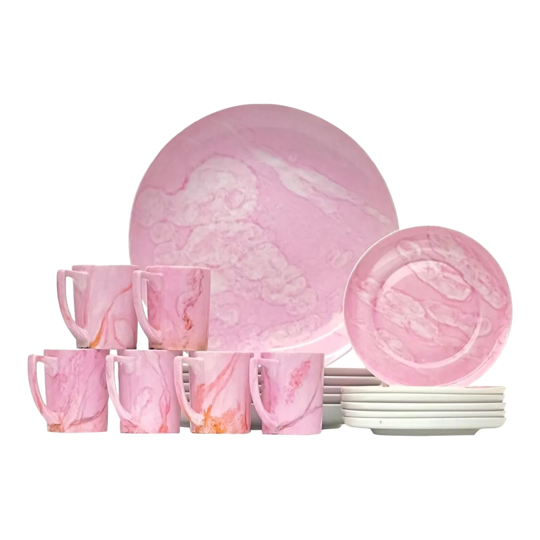 1970s Custom Made Marblized Pink Dinnerset by Villa Vanilla With Place Settings for Six- 18 Pieces: Pink dye dinner set, set of 18. A beautiful and rare set of Villa Vanilla Palm Beach cups (6), side plates (6), and dinner plates (6); one of Franci Youngs early creations. These pink dye ceramics