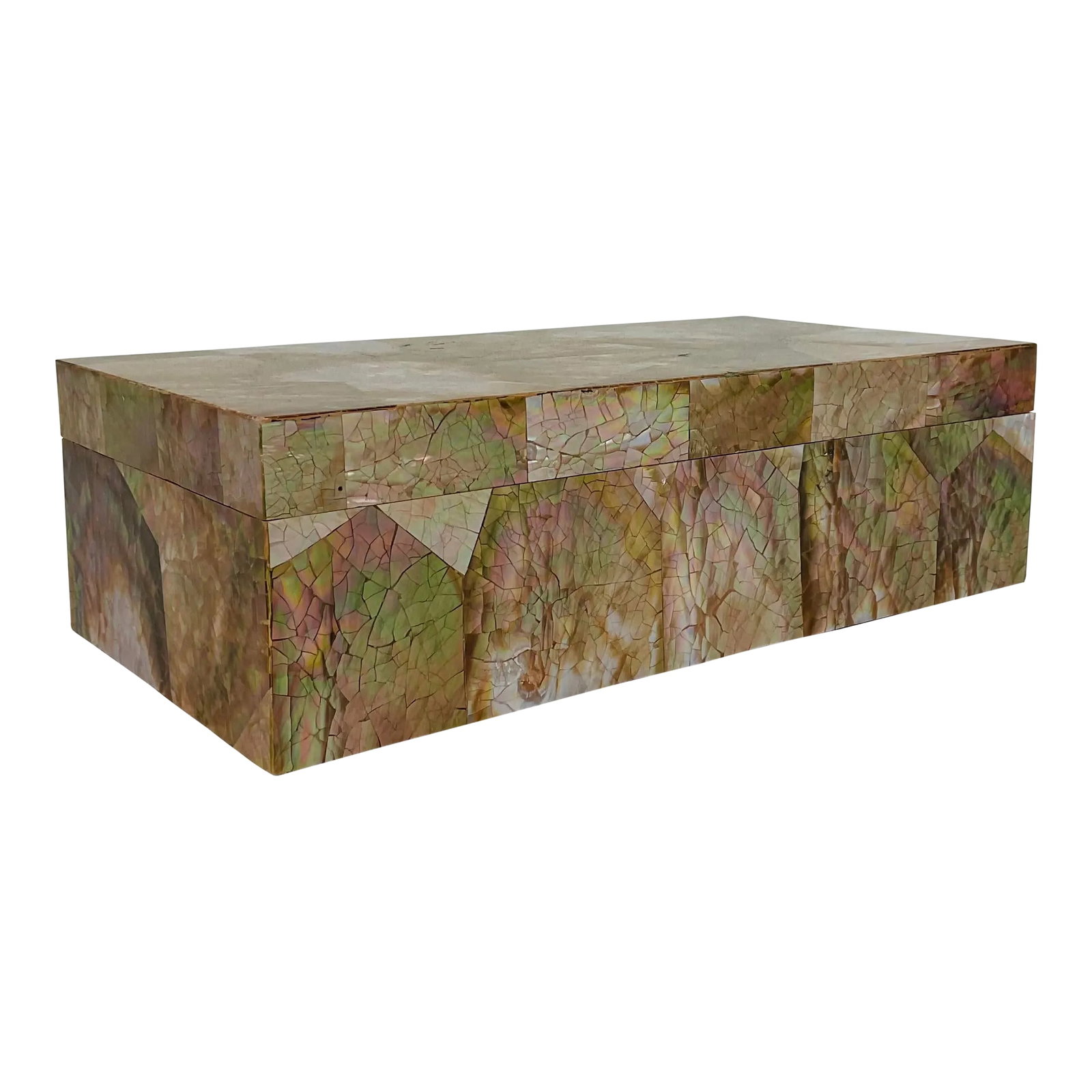 Made Goods Modern Large Brown Lip Cracked Shell Box: Original retail $520, stylish Made Goods Modern Large Brown Lip Cracked Shell Box, blue fabric lined interior, showroom floor sample Condition: Imperfections: Some Imperfections Condition Notes:
