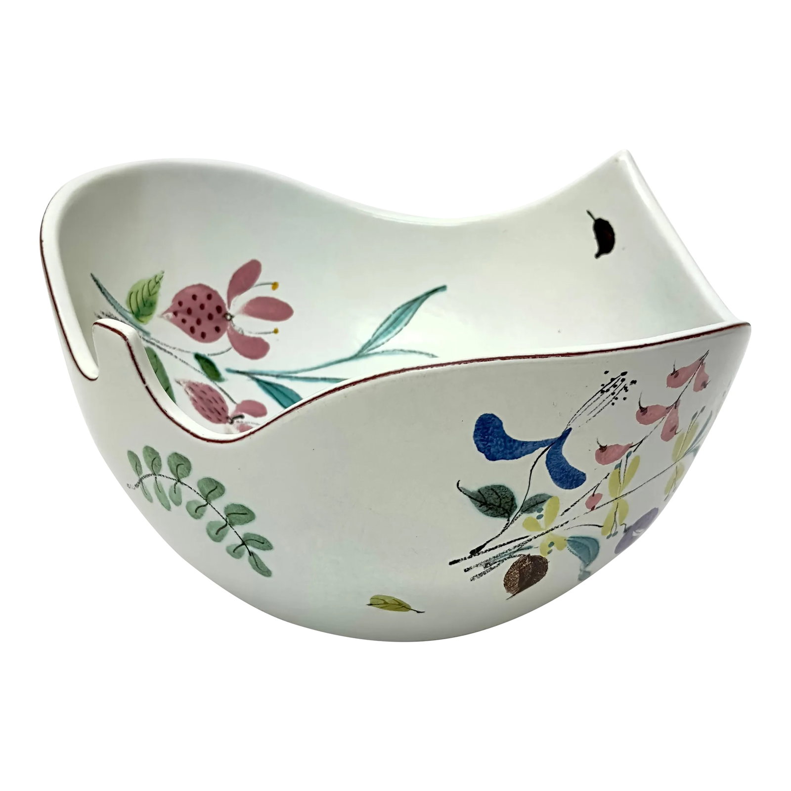 Mid-Century Faience White Ceramic Hand Painted Floral Decorative Bowl (1 of 9)