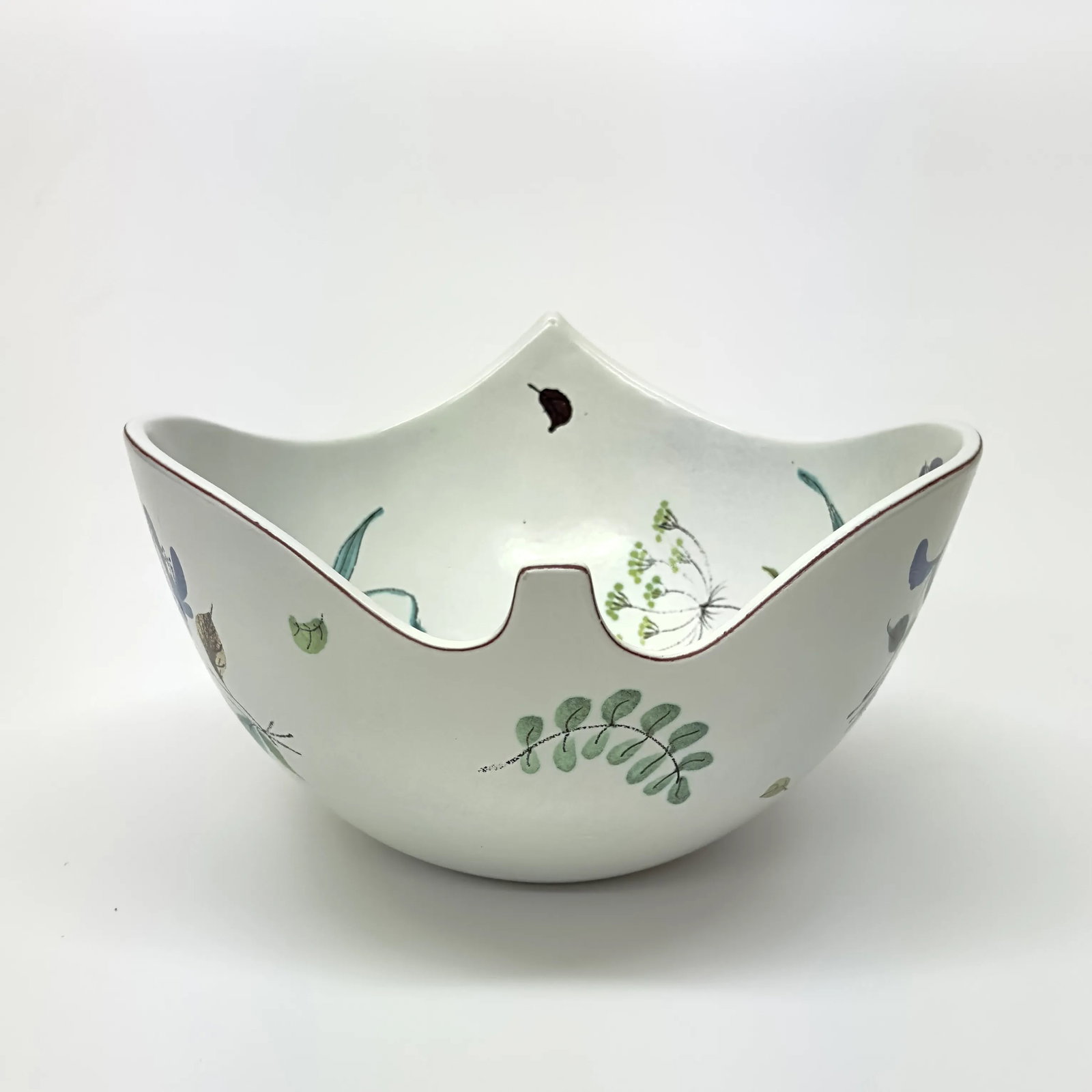Mid-Century Faience White Ceramic Hand Painted Floral Decorative Bowl - 2