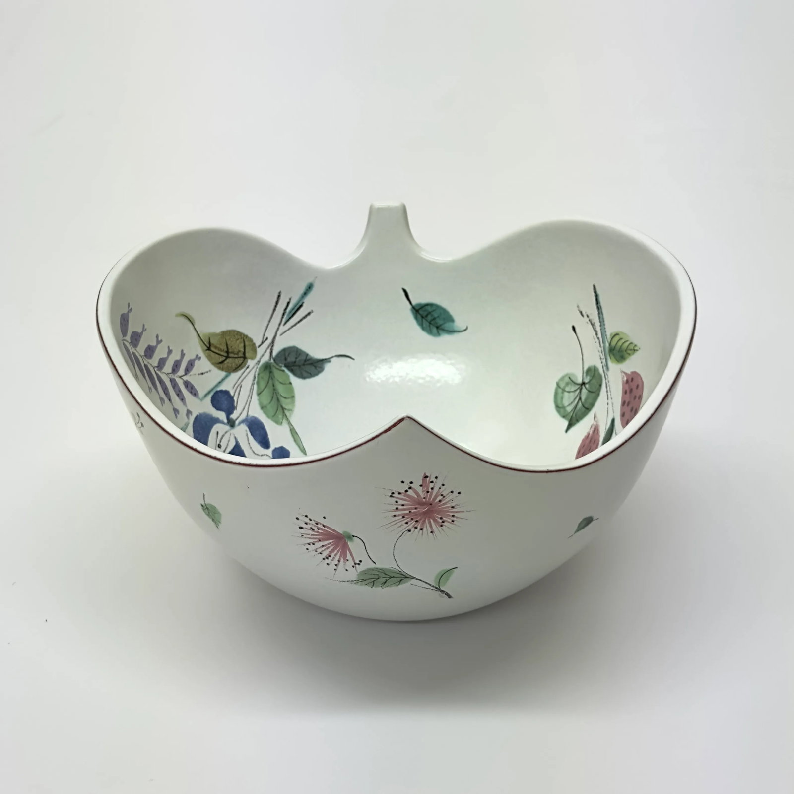 Mid-Century Faience White Ceramic Hand Painted Floral Decorative Bowl - 3
