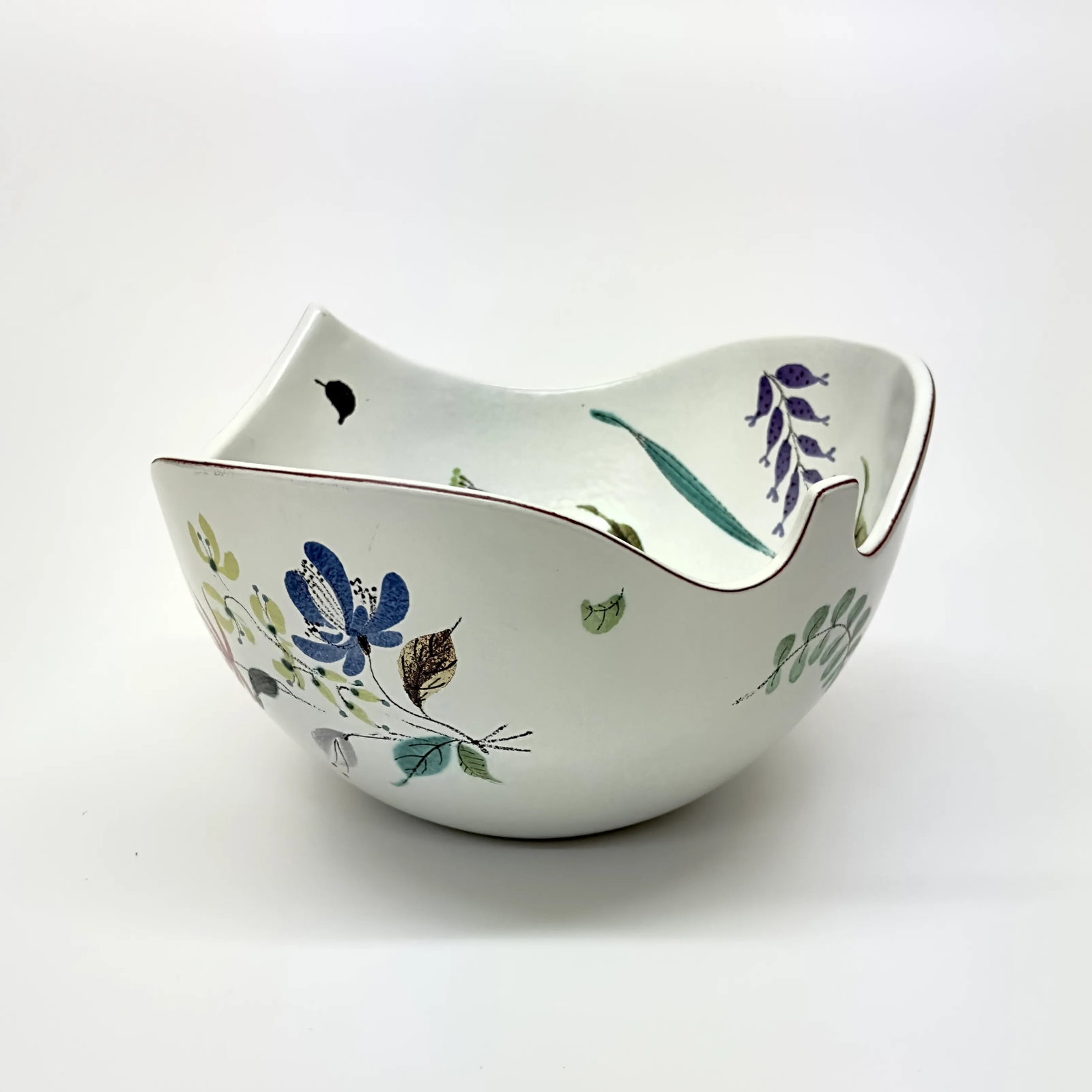 Mid-Century Faience White Ceramic Hand Painted Floral Decorative Bowl - 4