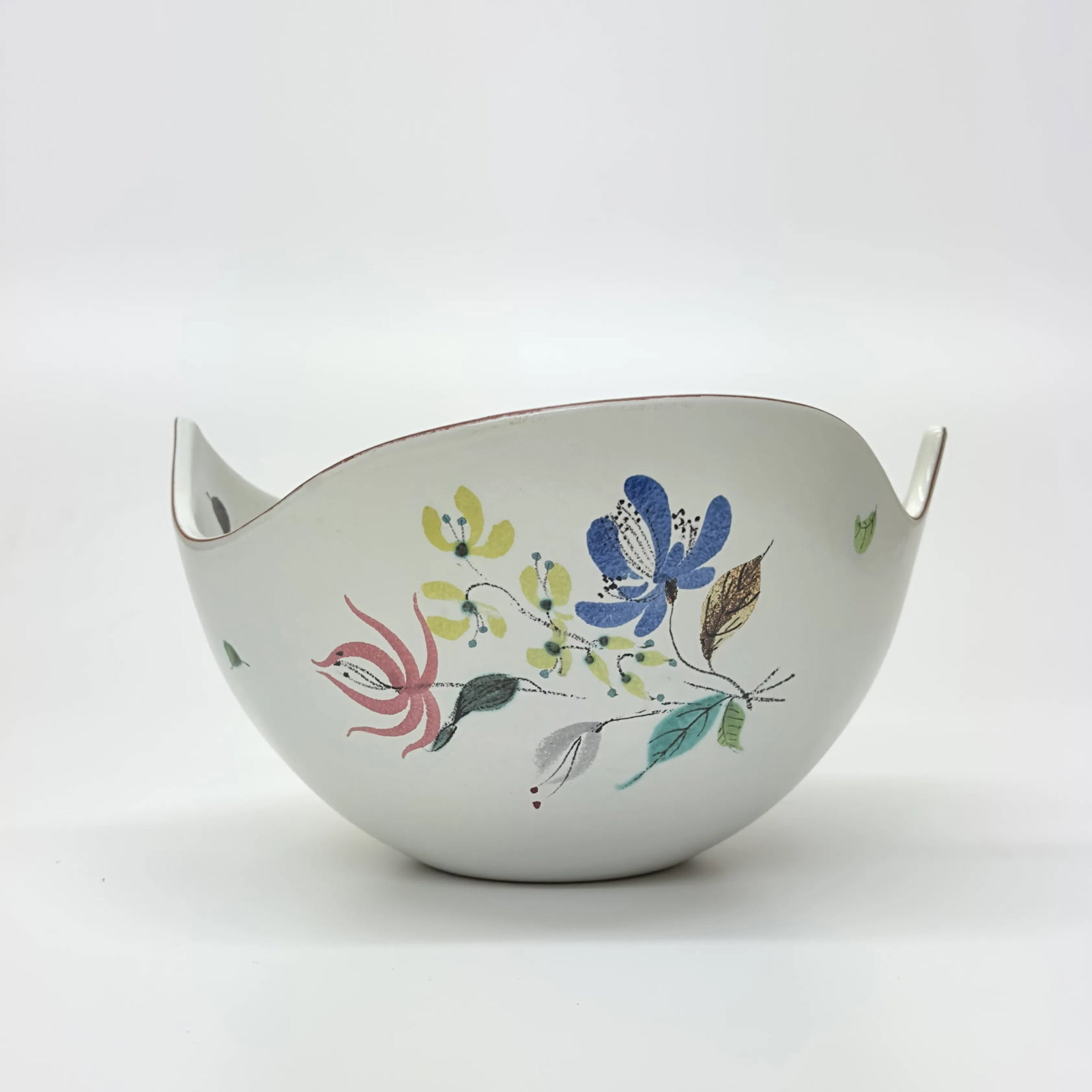 Mid-Century Faience White Ceramic Hand Painted Floral Decorative Bowl - 5