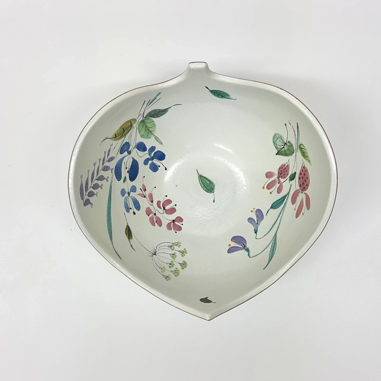 Mid-Century Faience White Ceramic Hand Painted Floral Decorative Bowl - 6