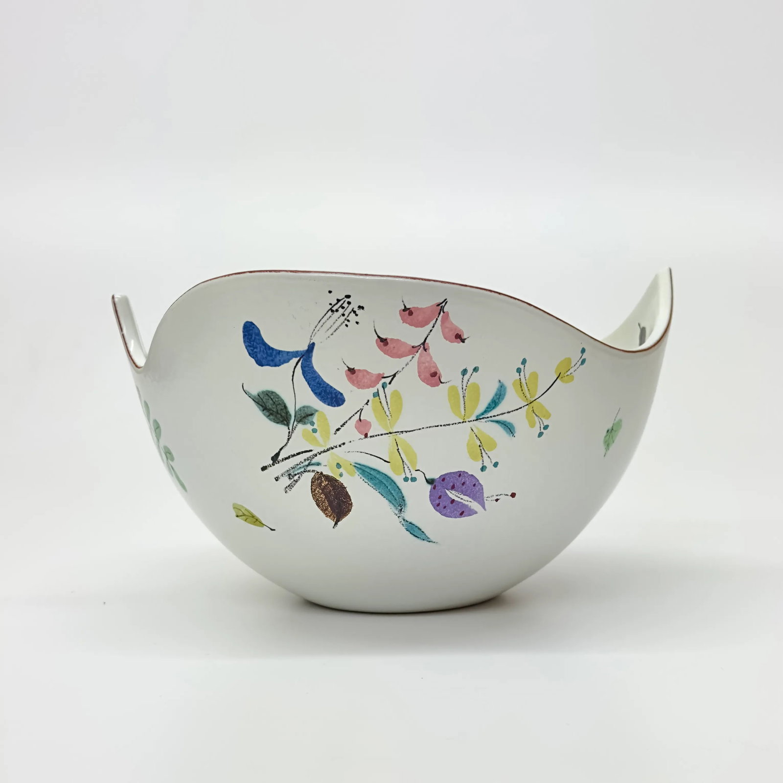 Mid-Century Faience White Ceramic Hand Painted Floral Decorative Bowl - 7