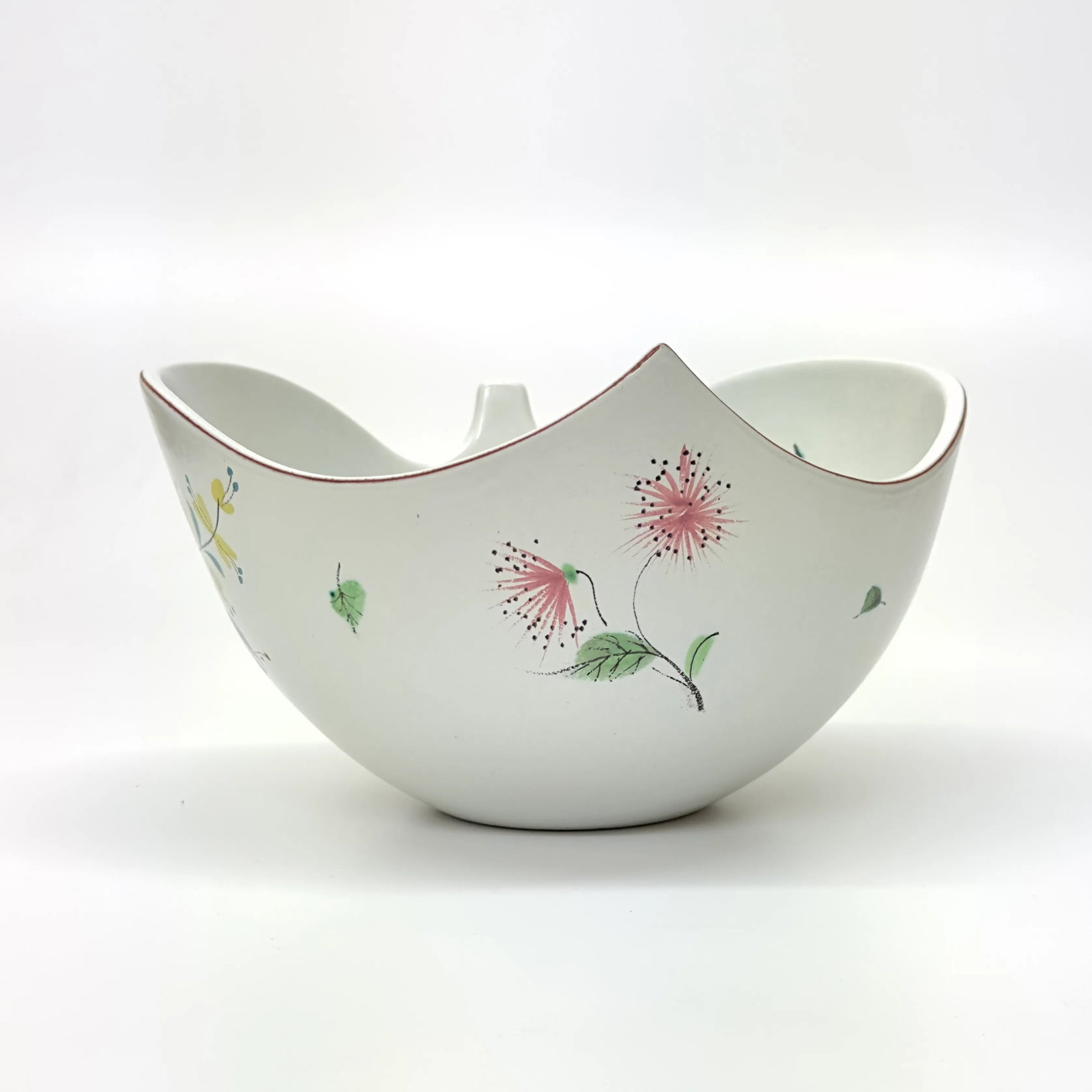 Mid-Century Faience White Ceramic Hand Painted Floral Decorative Bowl - 8