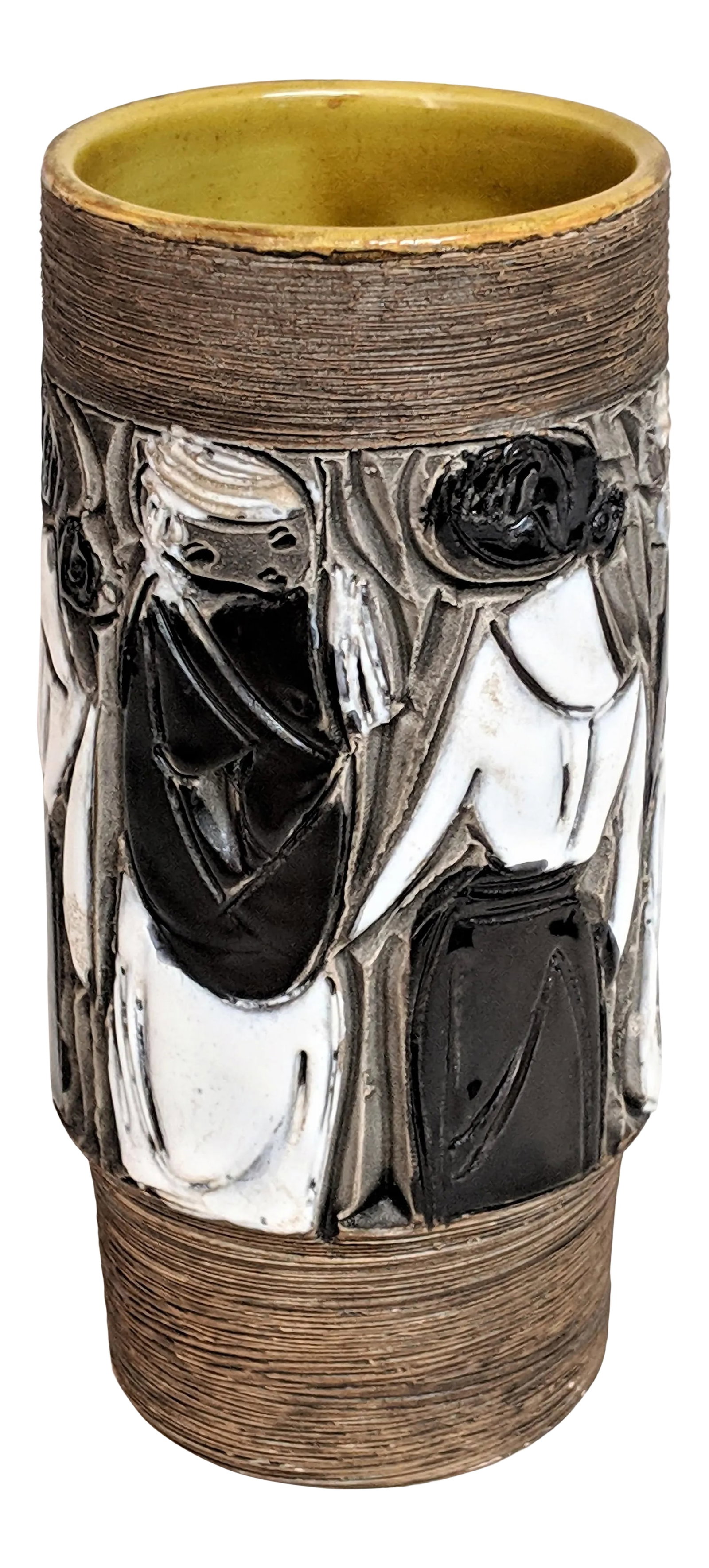 1960s Fratelli Fanciullacci for Raymor Vase: Vase by Fratelli Fanciullacci for Raymor. The body has striated earth tone textural bands framing a vignette of black and white glazed women wrapping the body of the vase, with interior in chartreuse