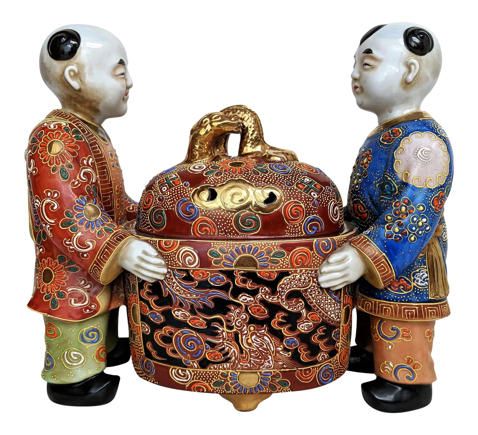Chinese Ceramic Famille Verte Boys Holding a Lidded Bowl: Two Chinese boys holding a lidded bowl, Gorgeous colors and gold accents. Signature on bottom as shown. Measure 12" tall. Condition: Alterations: Original Condition Unaltered Imperfections: Some