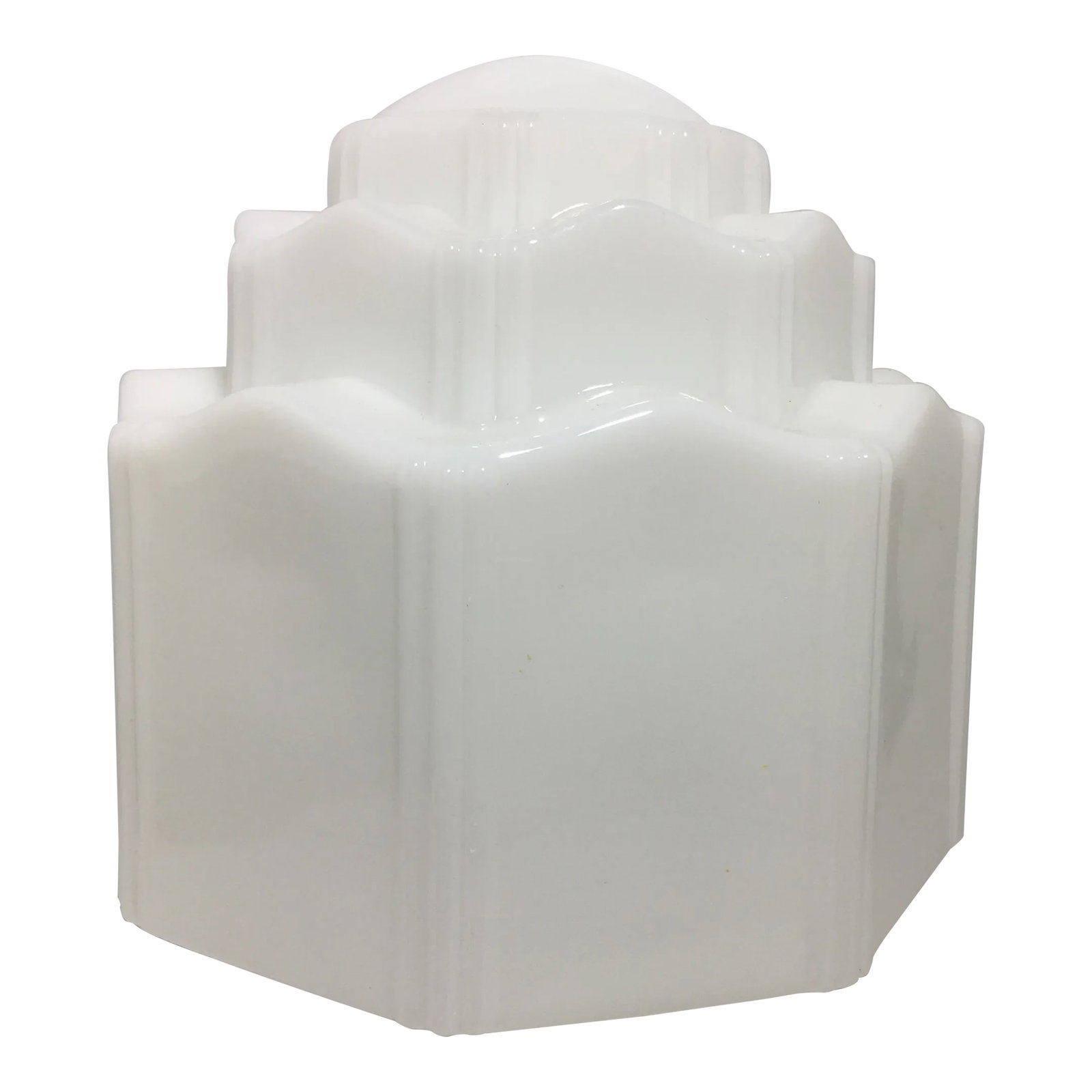 1930s Art Deco Stepped Skyscraper Milk Glass Shade: 1930s Art Deco milk glass shade with stepped design. 6" x 6" x 6.25" (overall) 3.75" (opening) GrpC 7.27 Condition: Alterations: Original Condition Unaltered Imperfections: Some Imperfections