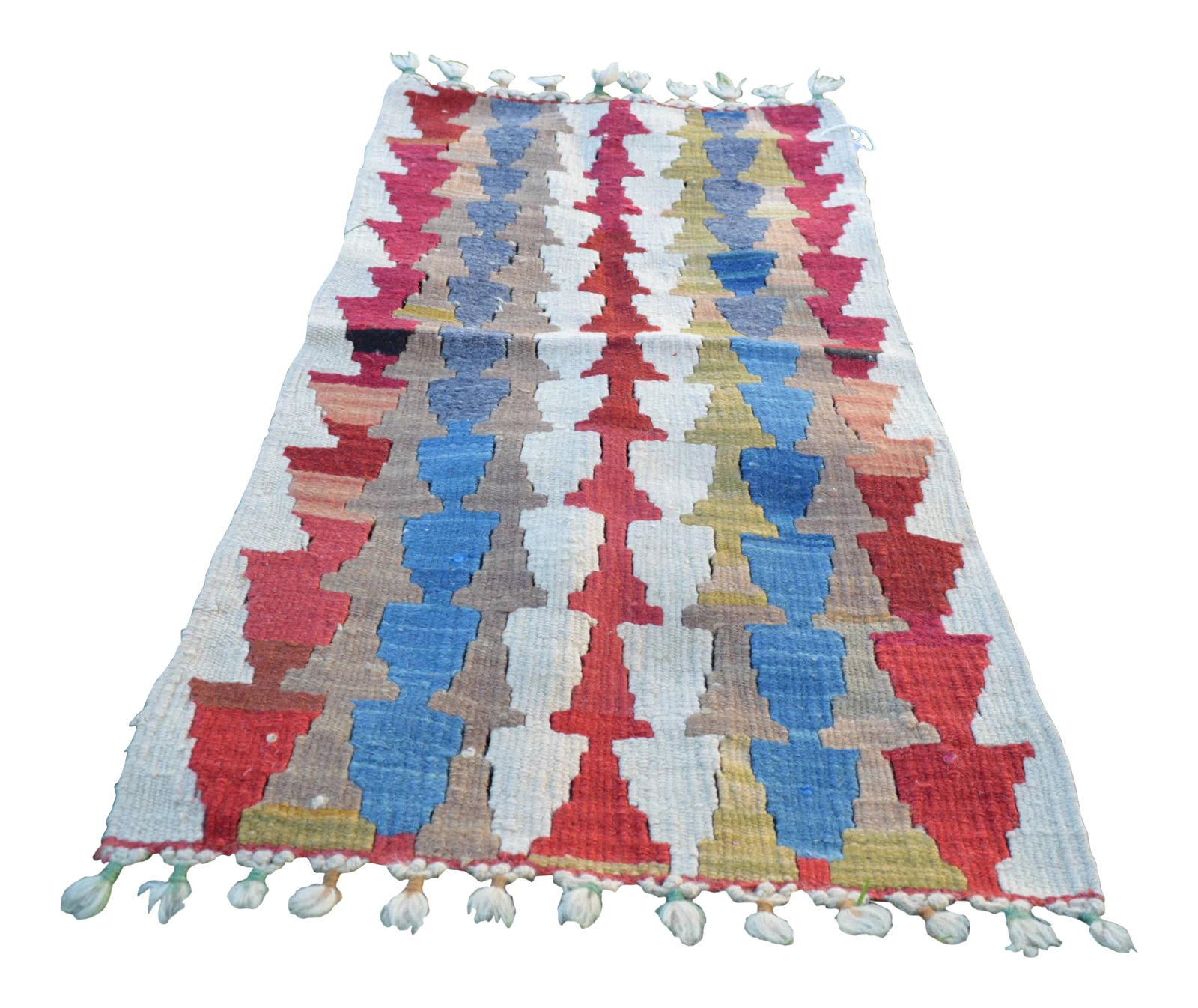 1970s Tribal Blue Handmade Cappadocia Rug: Size: 1.4 x 3 ft (44 x 84 cm) 17 x 33 inches Color: Red, White, Blue, Light Brown Material: 100% Wool Fast Shipping: Delivery in 1-3 Business Days. All rugs are handwoven by traditional tribes of