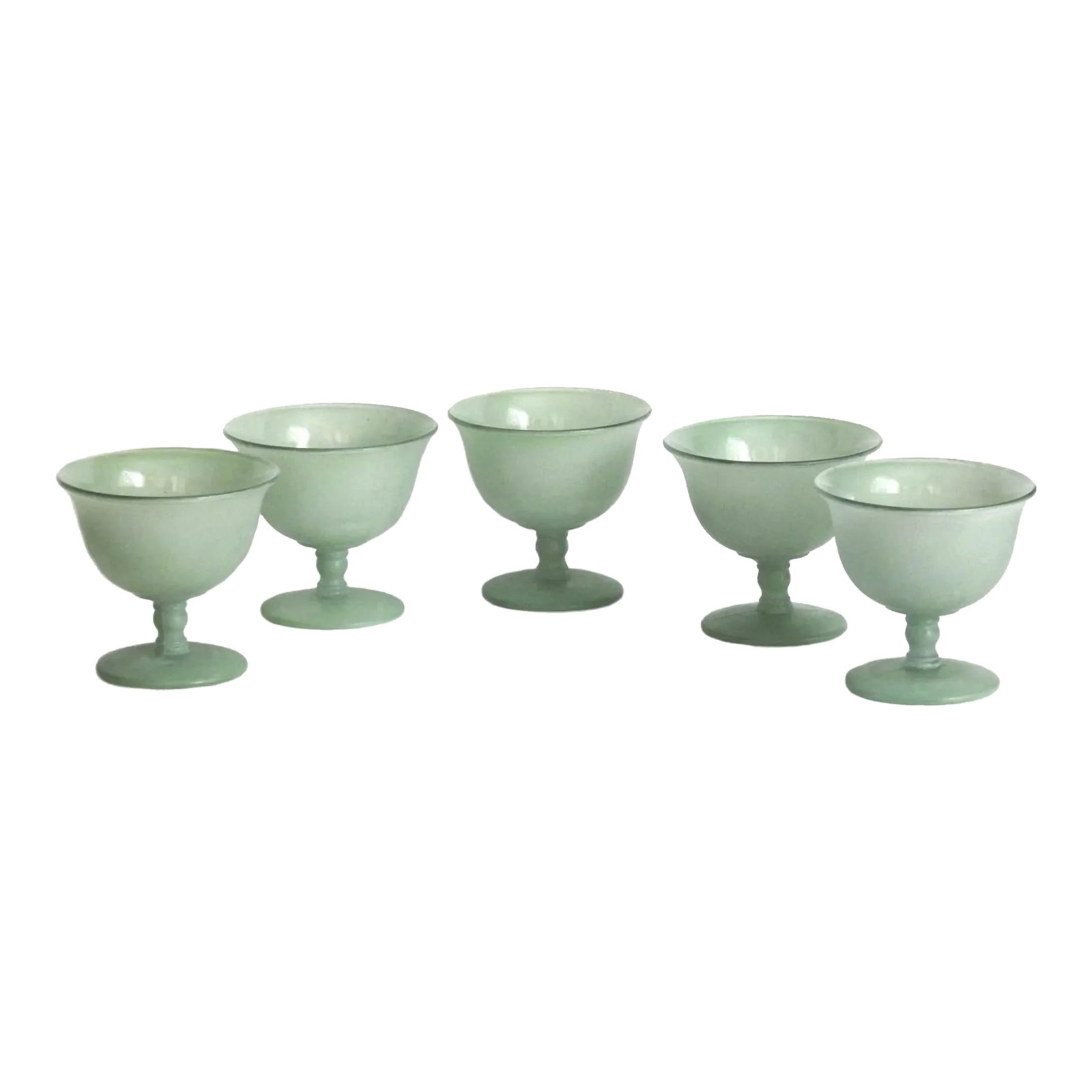 1960s Sage Green Frosted Glass Footed Bowls- Set of 5: 1960s mold blown sage green matte glass footed sherbet bowls. Set of 5. 3.75" in diameter, 3.5" tall. Condition: Alterations: Original Condition Unaltered Imperfections: Some Imperfections Condition N