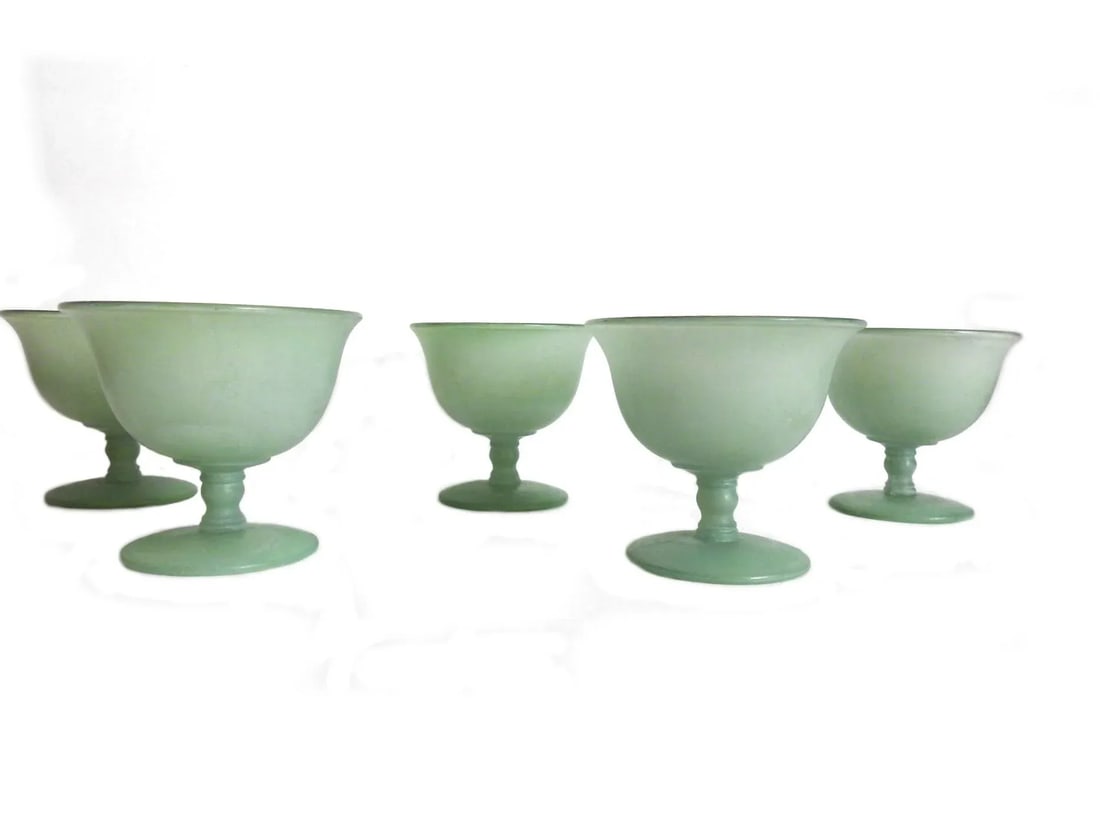 1960s Sage Green Frosted Glass Footed Bowls- Set of 5 - 2