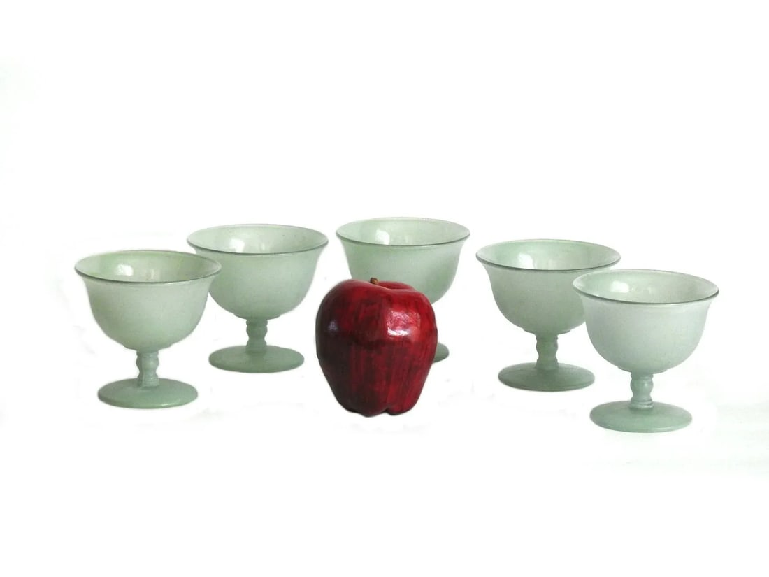 1960s Sage Green Frosted Glass Footed Bowls- Set of 5 - 3