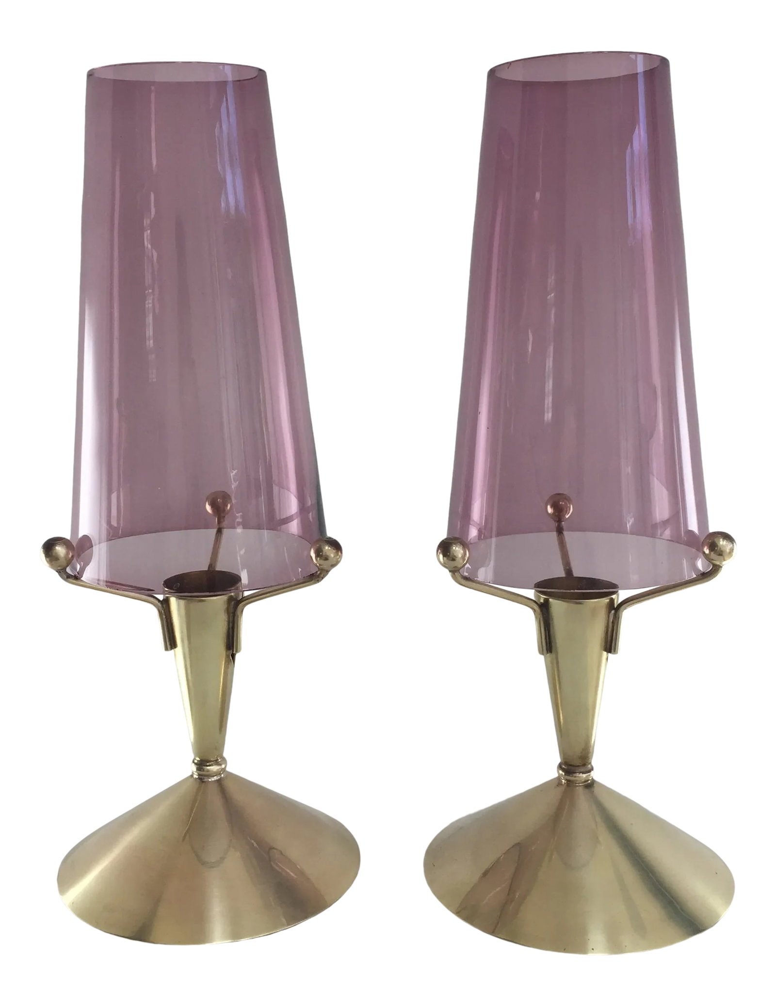 1970s Swedish Modern Glass and Brass Candle Holder - a Pair: A pair of modern brass and glass table candle holders by Ystad-Metall. Made in Sweden. Condition: Alterations: Original Condition Unaltered Imperfections: Some Imperfections Condition Notes: In excell