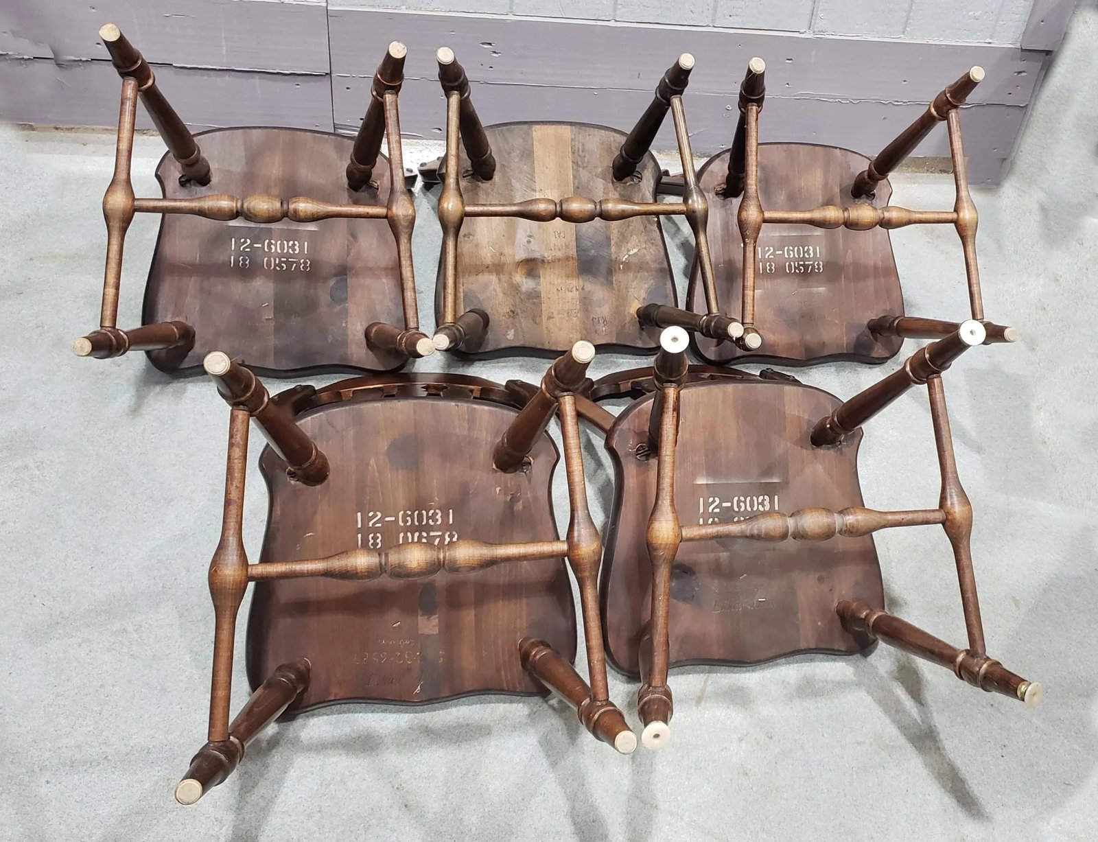 Mid 20th Century Dark Stained Wooden Walnut Ethan Allen Lath Back Kitchen Chairs - Set of 5 - 7