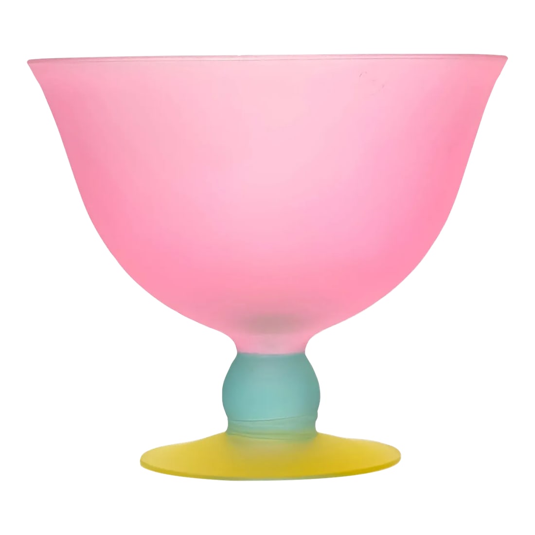 Large 1980s Color Blocked Frosted Glass Serving Bowl: Multi-colored frosted bowl. Gorgeous 1980s frosted multi-colored decorative bowl. This glass bowl features pink hues with a green stem and a yellow base. Height: 8" Width: 9" Base Width: 4.75"