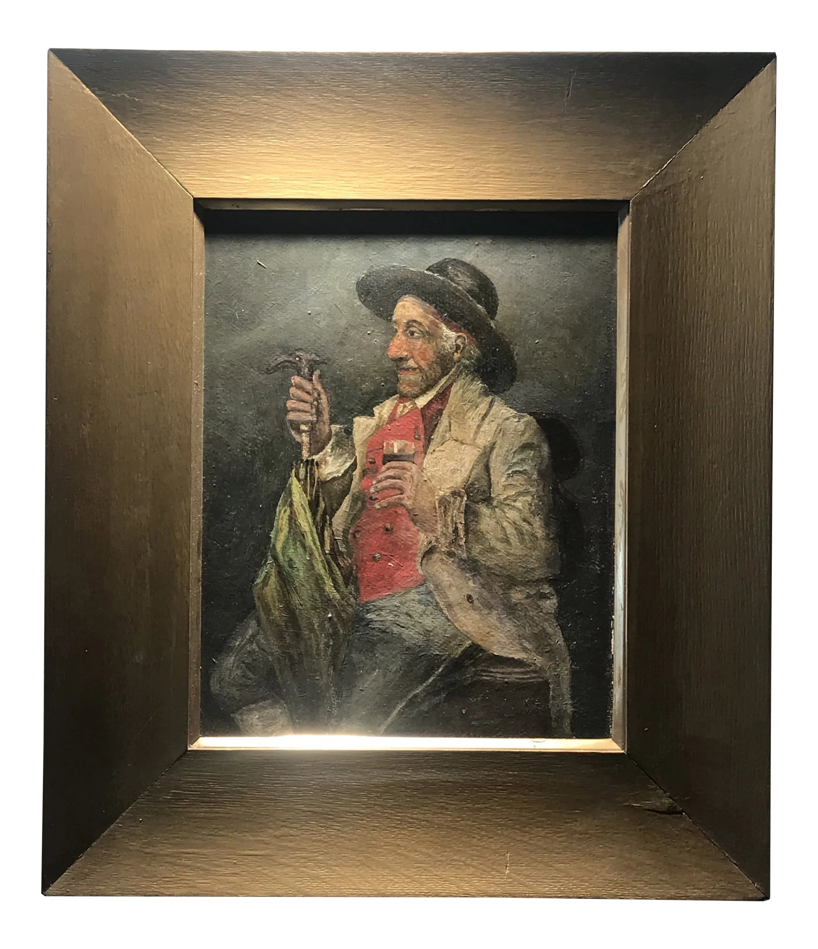 Late 19th Century Antique Framed Portrait Oil Painting: 19th century Portrait of a gentleman enjoying his glass of port- Spanish colonial, oil painting on board in gold gilt frame. Wonderful piece, offering vibrant colors. Origin: Spain Period: 1870 -