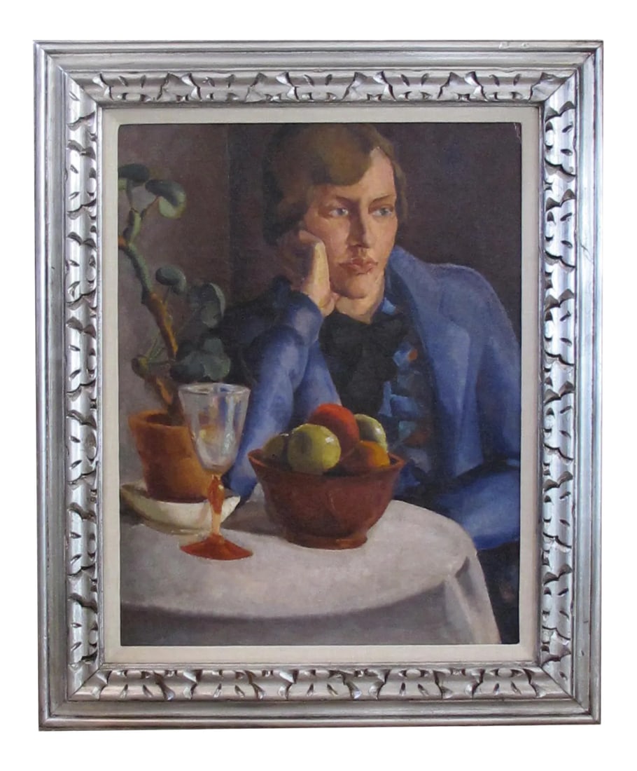 Art Deco "Seated Woman" Rendered Continental Oil Painting on Board: A well-thought out composition as the table plain draws the viewer into the room of a seated woman with distant gaze dressed in blue jacket; the table set with a bowl of fruit, a goblet and plant;