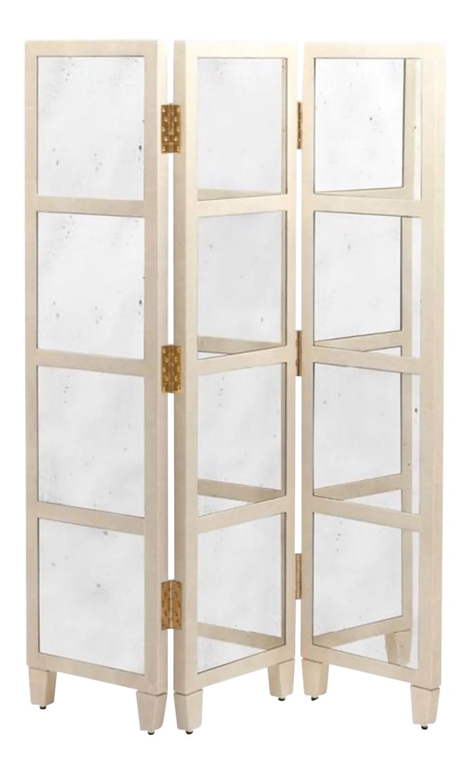 Made Goods Modern Cream Faux Shagreen and Mirror Screen/Room Divider: Original Retail $5520, Elegant Made Goods Modern Cream Faux Shagreen and Antique Mirror Screen/Room Divider Condition: Imperfections: Some Imperfections Condition Notes: Showroom floor sample Creator: