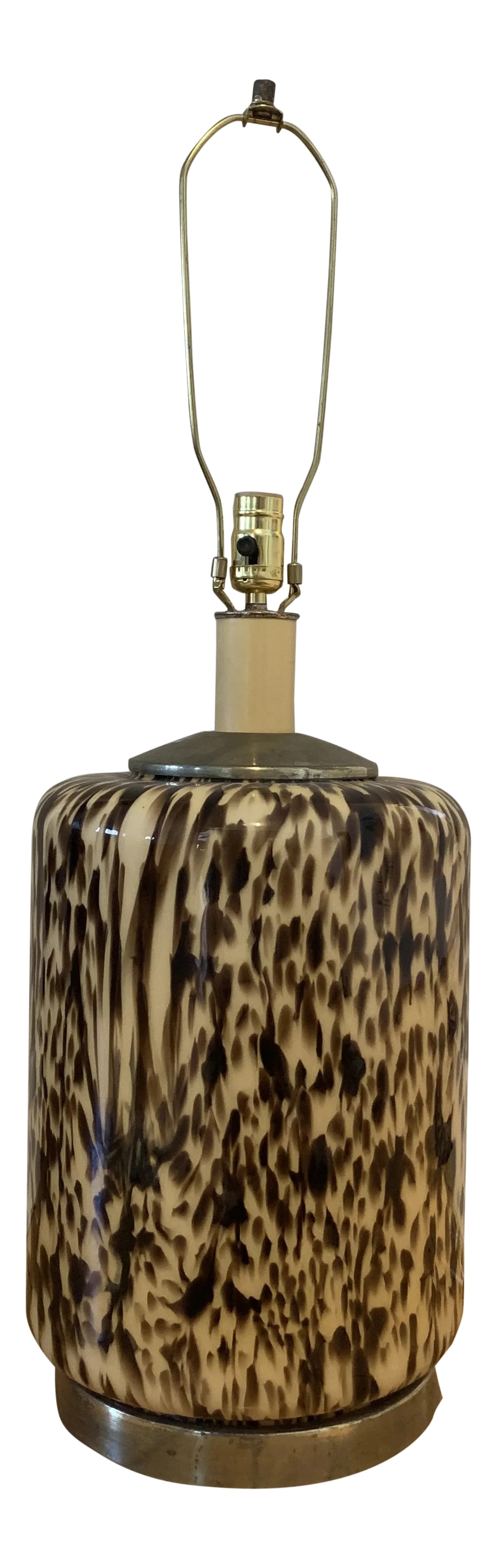 Mid-Century Italian Murano Leopard Pattern Glass Table Lamp: Monumental and gorgeous Italian Murano blown glass leopard glass table lamp. The blown glass is mounted on a brass base. This beautiful specimen of lighting also lights up from within to highlight